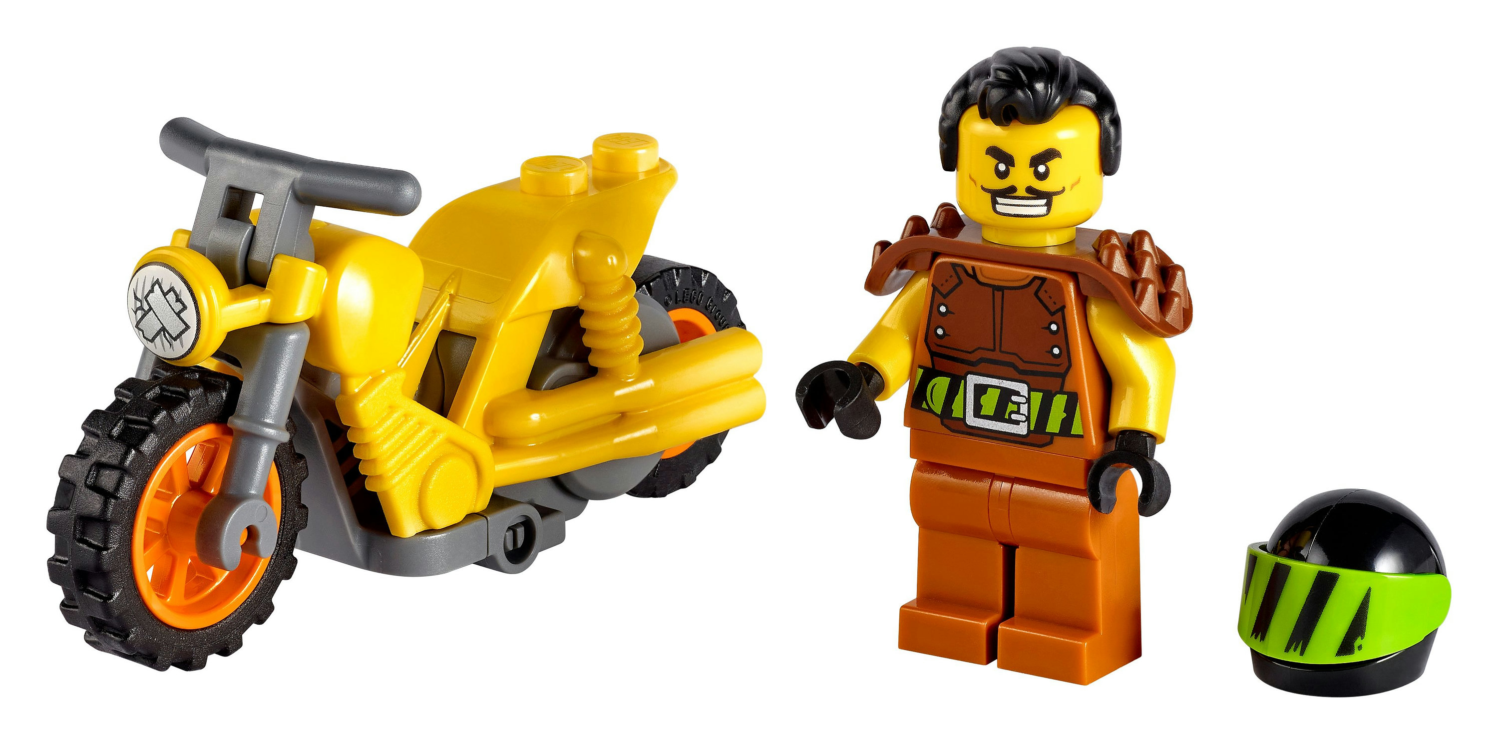 Lego Motorrad und eine Figur. Die Figur hat einen Schnurrbart und trägt einen Helm.