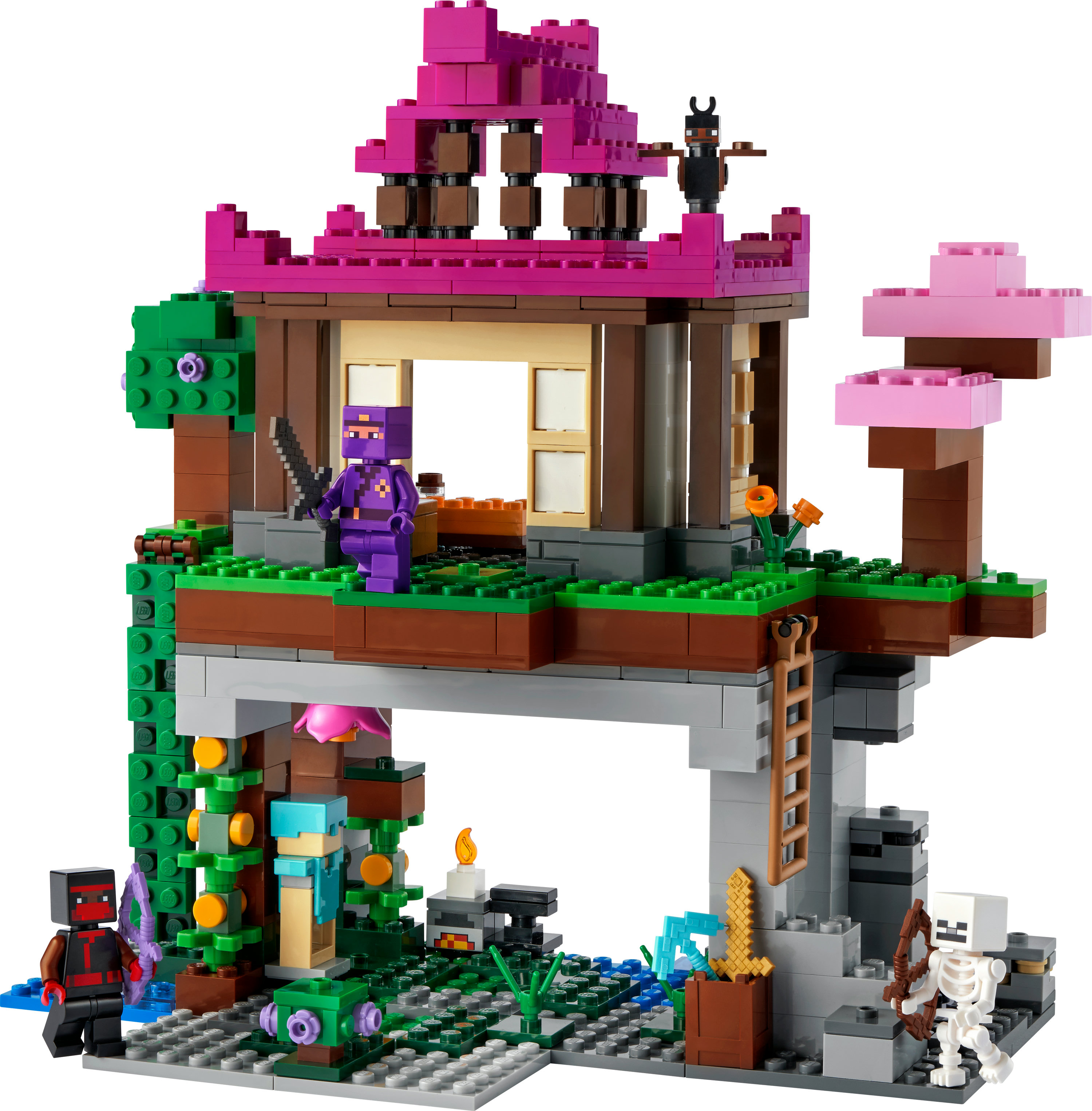 Minecraft Lego Set mit pagodaartiger Struktur, Figuren und Landschaftselementen, einschließlich Bäumen.