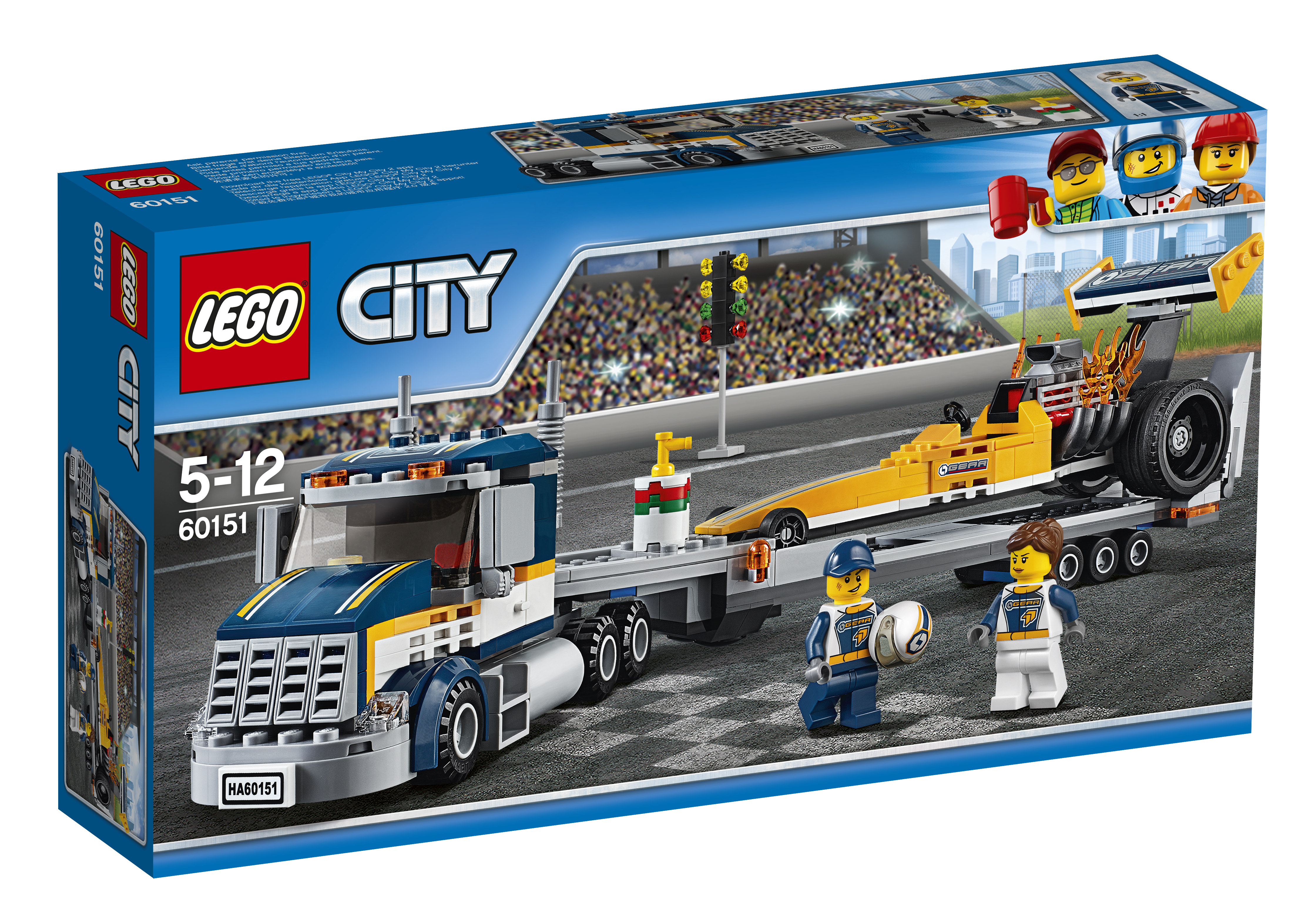 Zestaw pudełkowy Lego City z ciężarówką, samochodem wyścigowym i minifigurkami. Tor wyścigowy w tle.