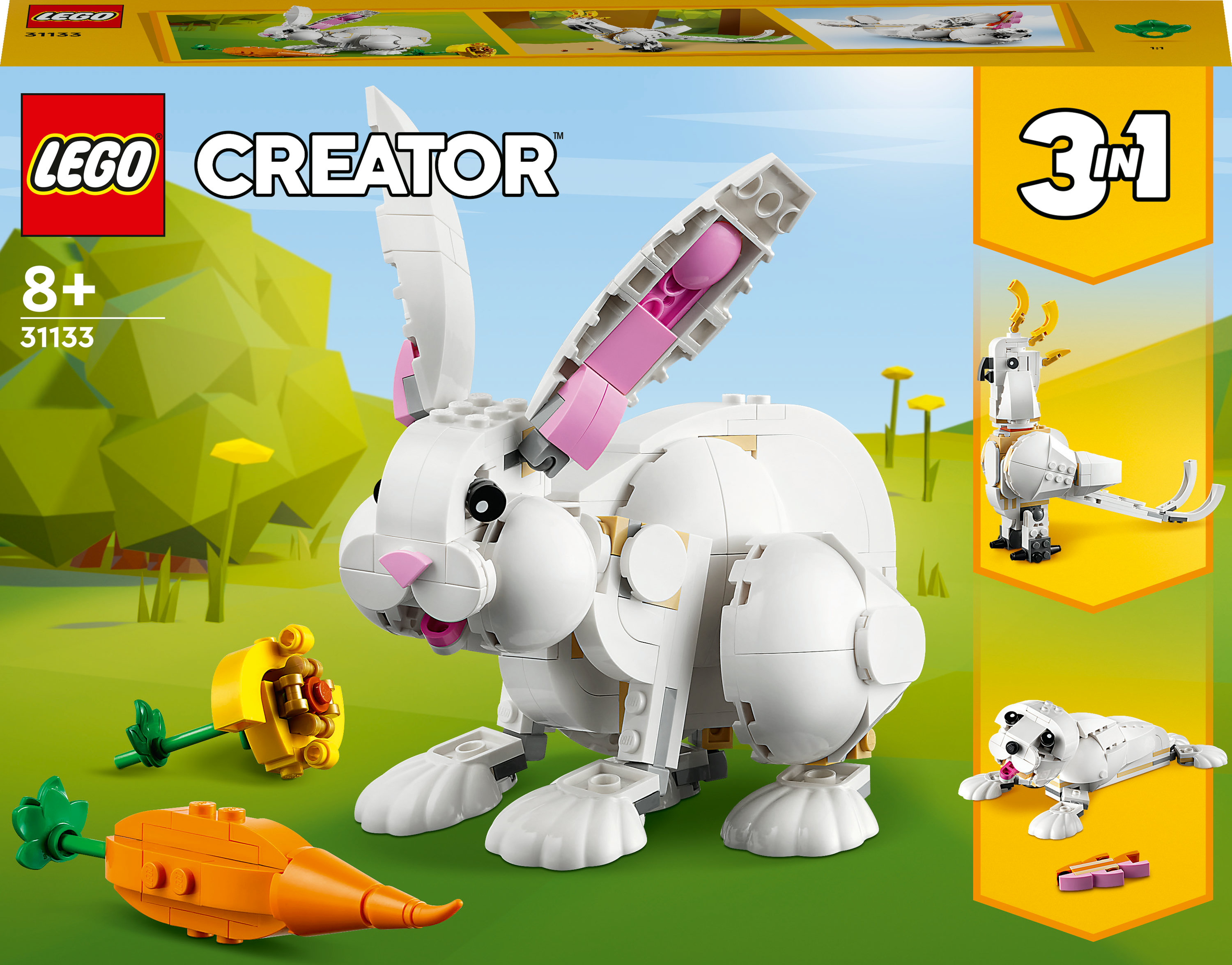 Lego Creator Box mit einem weißen Hasen, einer Karotte und zwei kleineren Tierbauten.