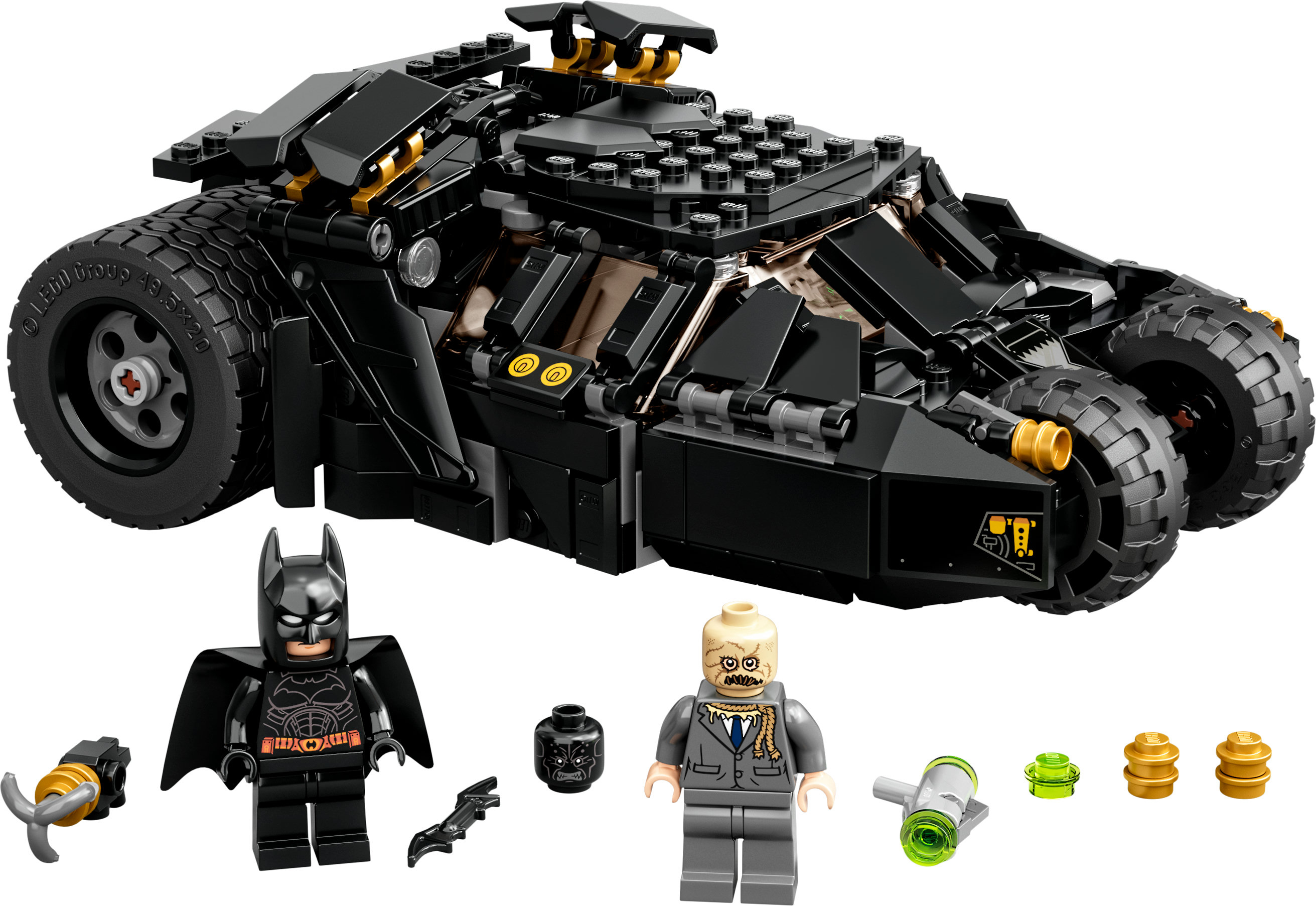 LEGO Batman Tumbler set met Batman, Scarecrow figuren en accessoires. Witte achtergrond.