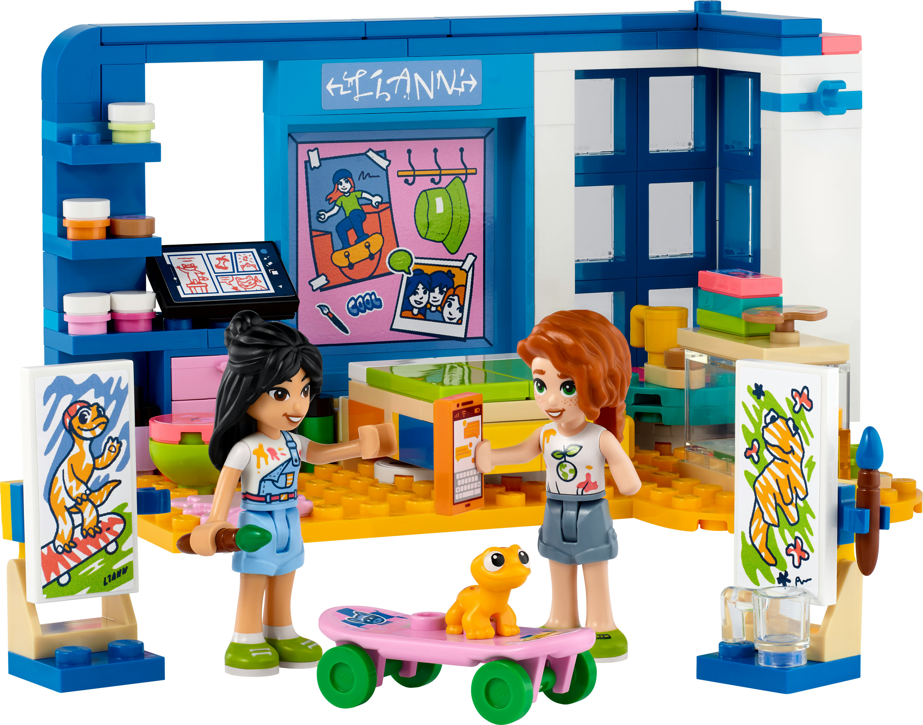 Lego Friends art studio scene with two figures, a dog, and art supplies.