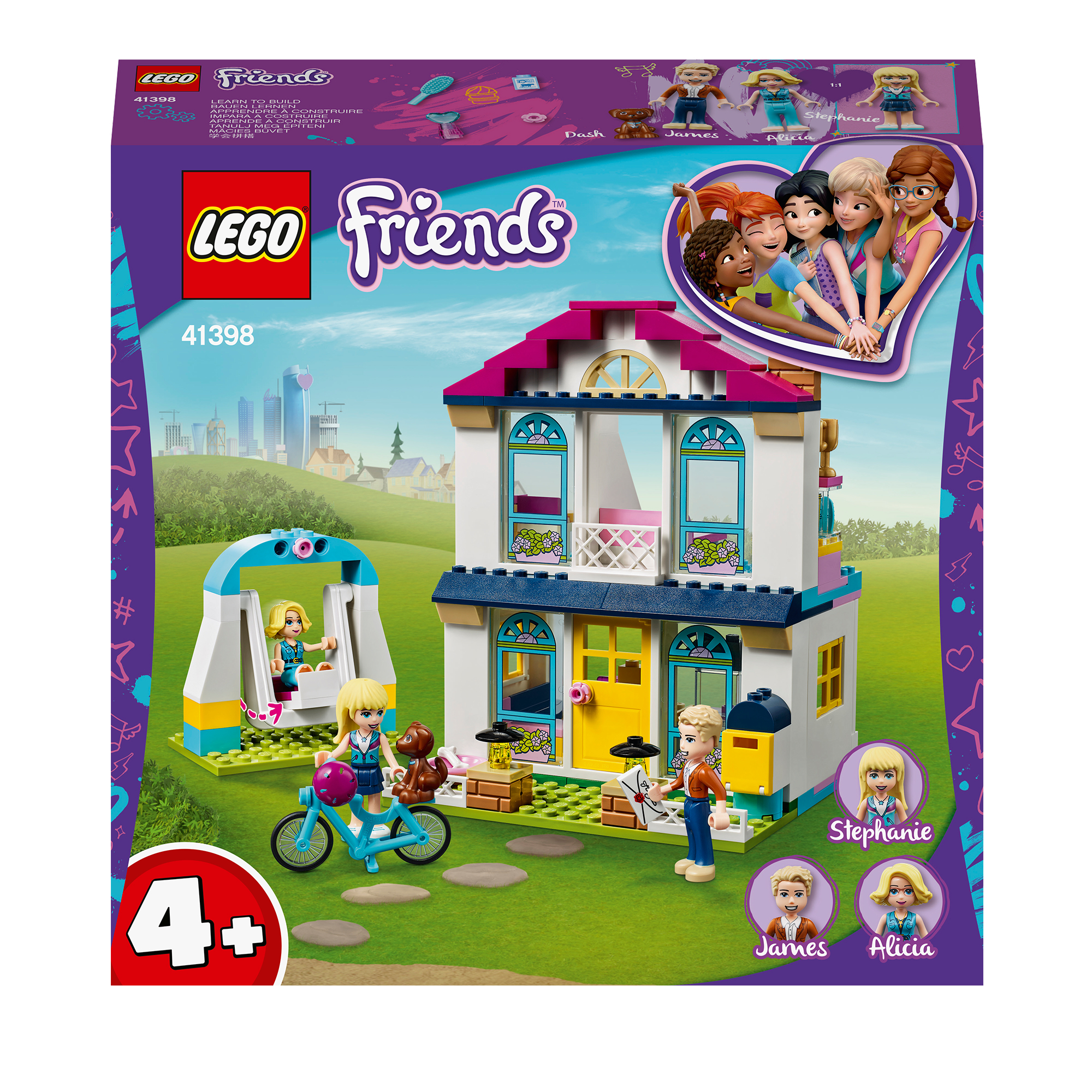 Lego Friends Box-Set mit Haus und Figuren. Enthält ein Fahrrad und eine Schaukel. Grünes Gras und Himmelshintergrund.