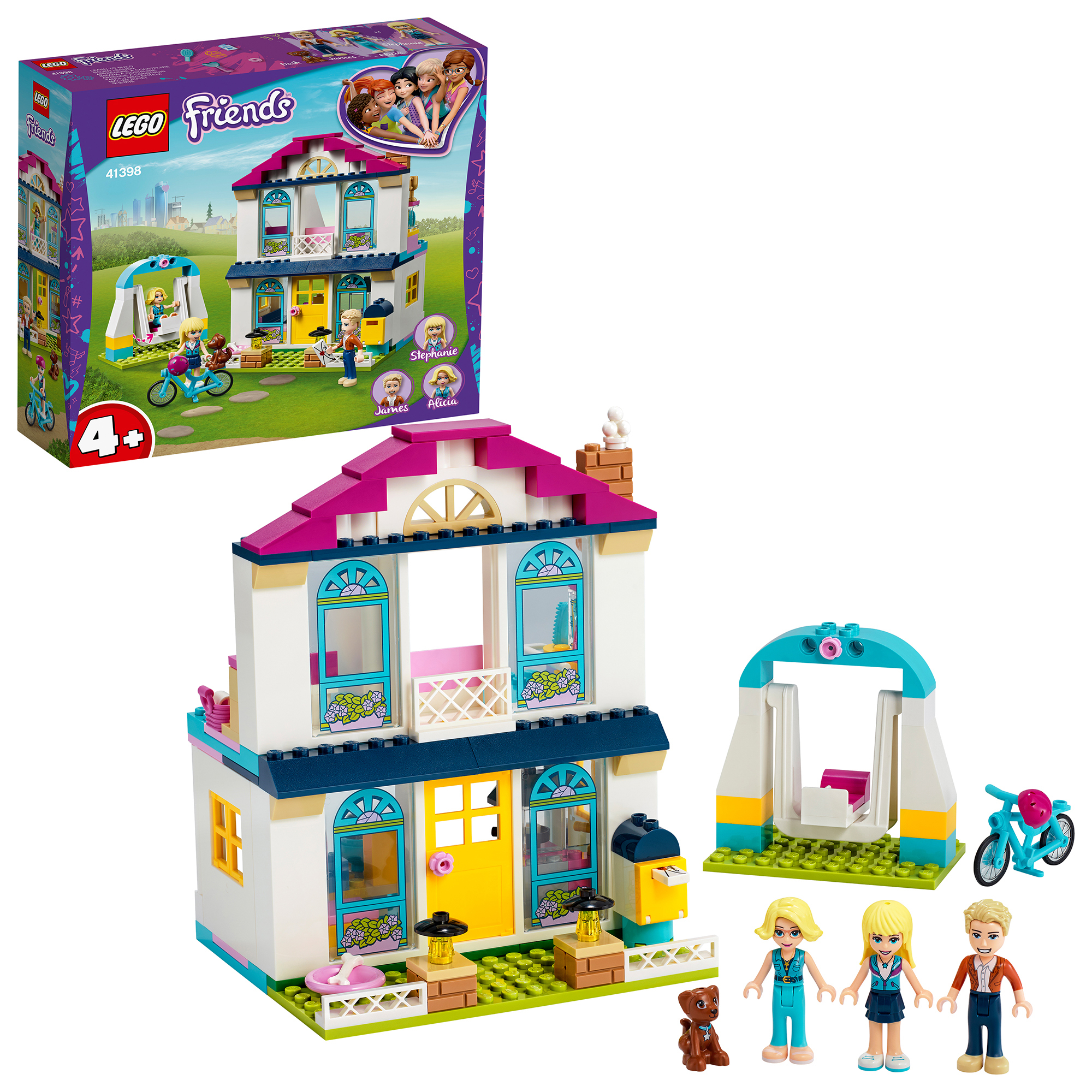 LEGO Friends Set, ein weißes Haus mit rosa Dach und drei Minifiguren. Eine Box zeigt das Set.