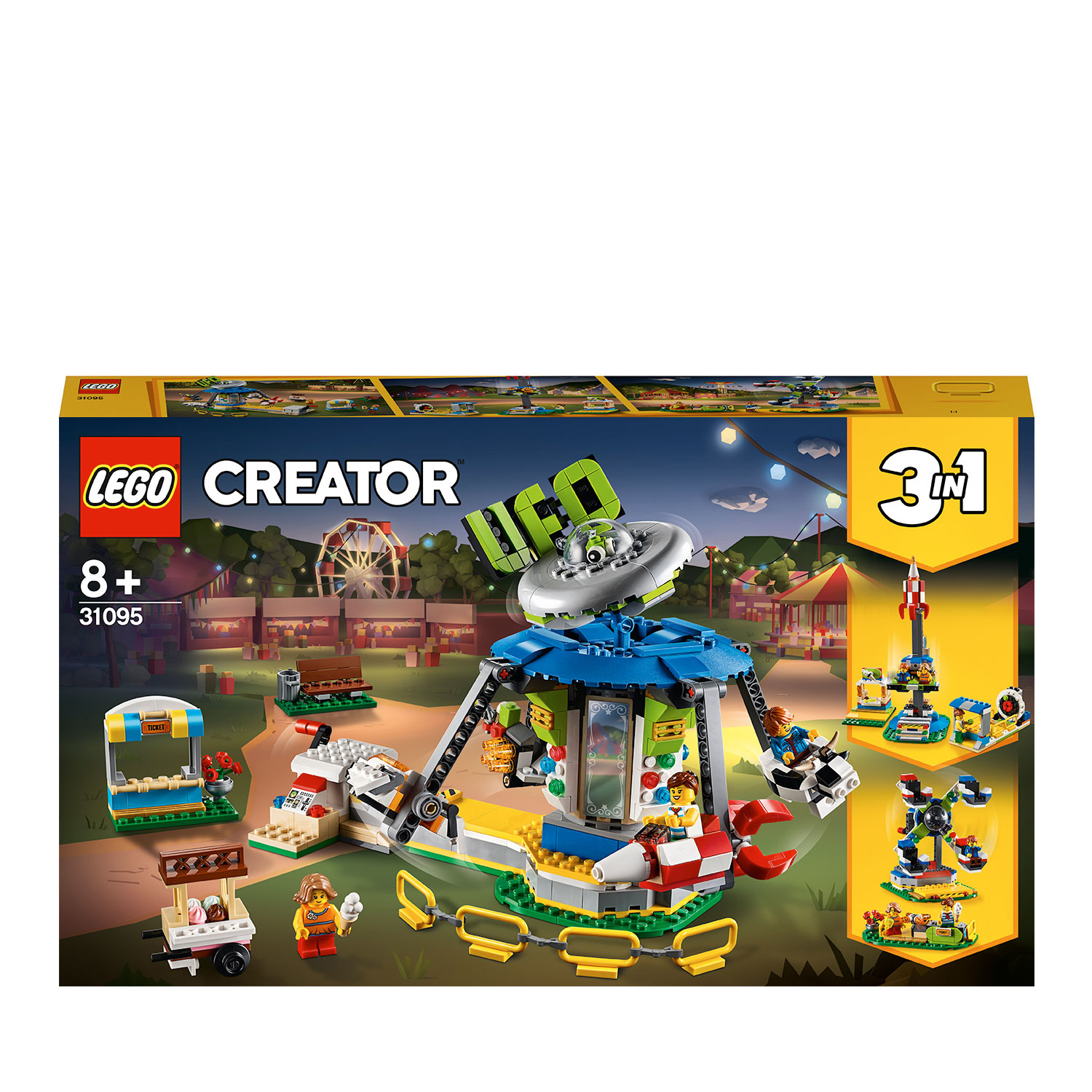 Lego Creator set box. It features a carnival scene with a UFO ride, Ferris wheel, and other attractions.