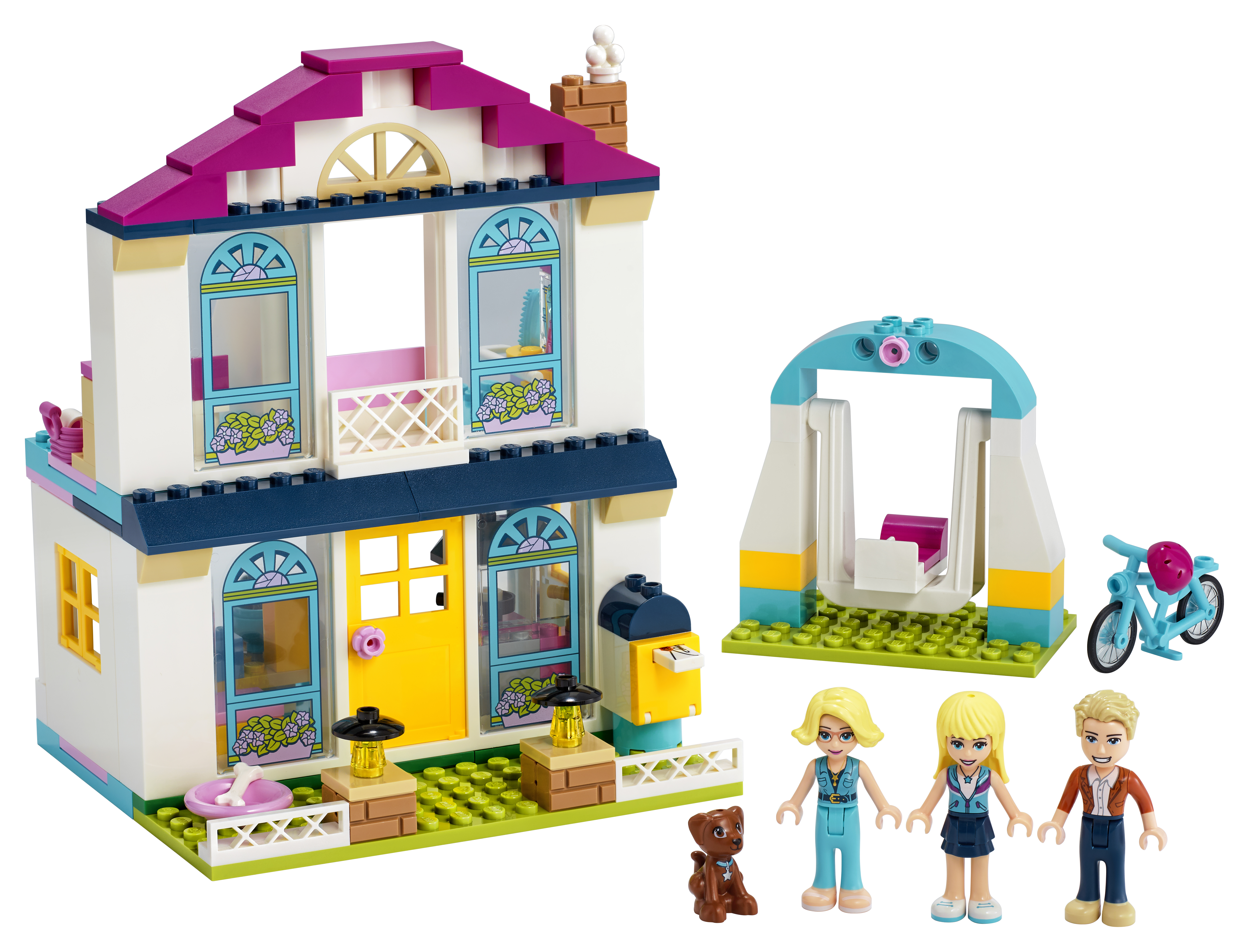 Lego Friends Haus-Set mit Figuren, Schaukel, Hund und Fahrrad. Weißes Haus mit pinkem Dach.