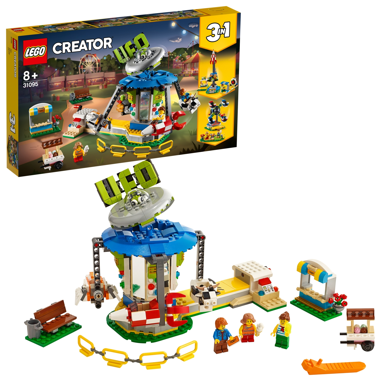 LEGO Creator 3-in-1 Ferris wheel set with figures and various carnival structures.