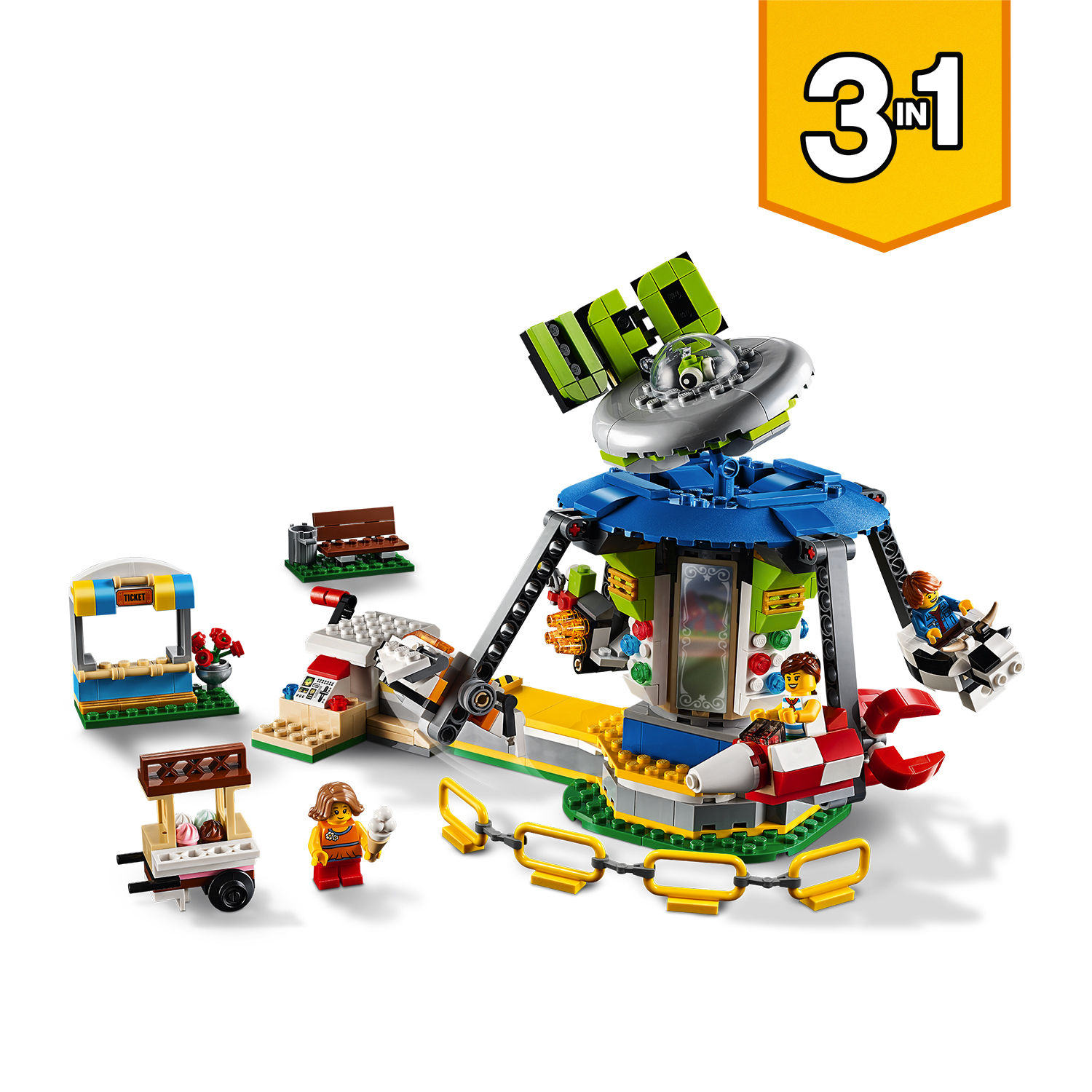 Lego amusement park set with a carousel, stalls, and figures, all on a white background.