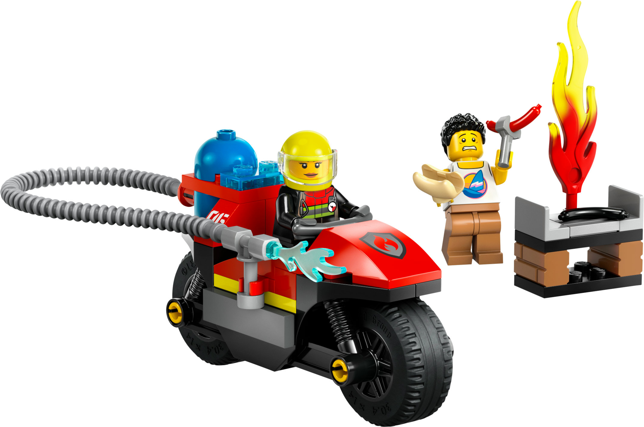 Zestaw LEGO City z strażakiem na motocyklu, osobą grillującą hot dogi i ogniem.
