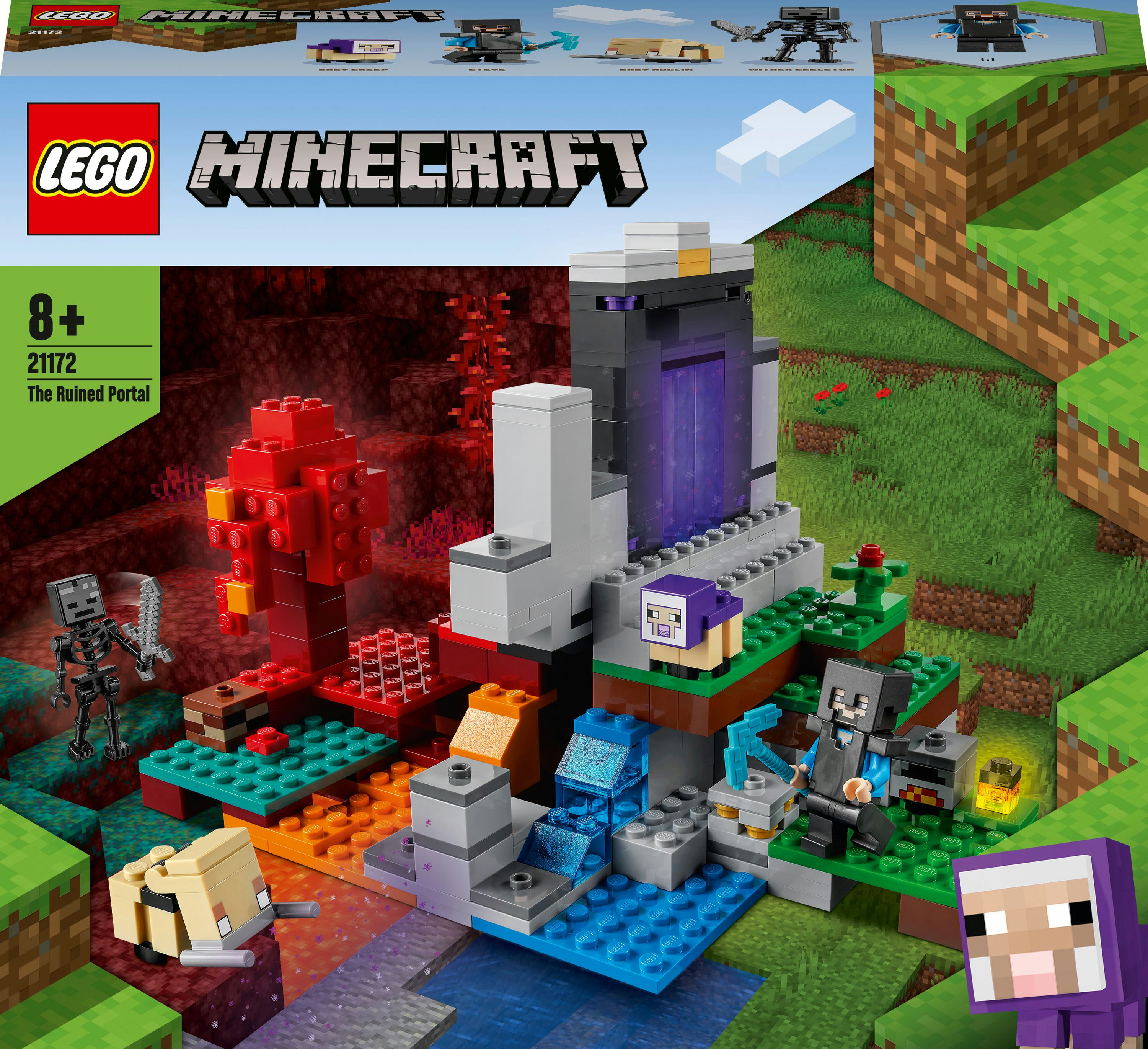 Lego Minecraft Set eines zerstörten Portals. Enthält Figuren, Blöcke und Kulissen. Box zeigt das Set-Design.