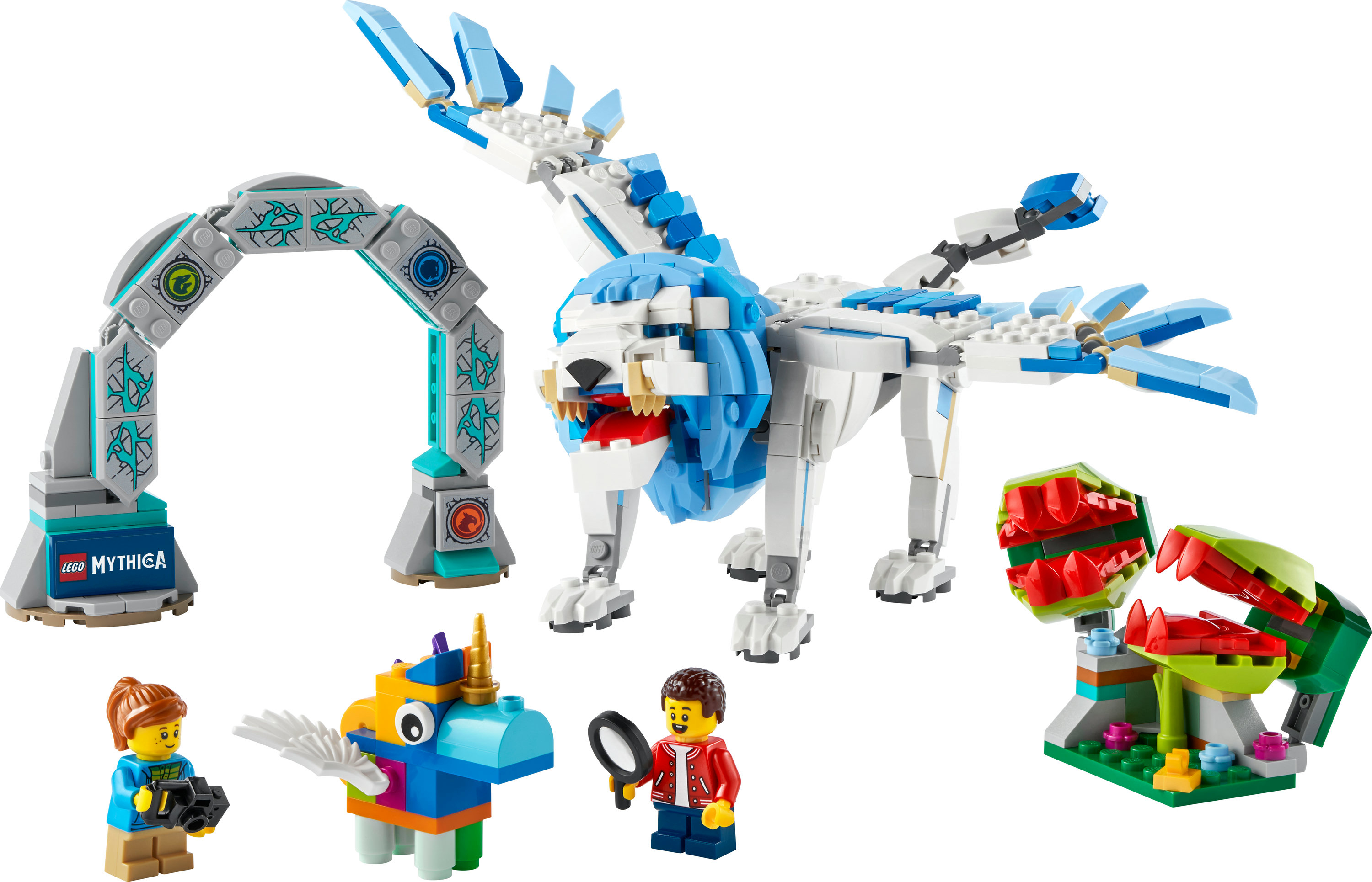 Lego Mythica seti, taş kemer, aslan ve figürlerle.