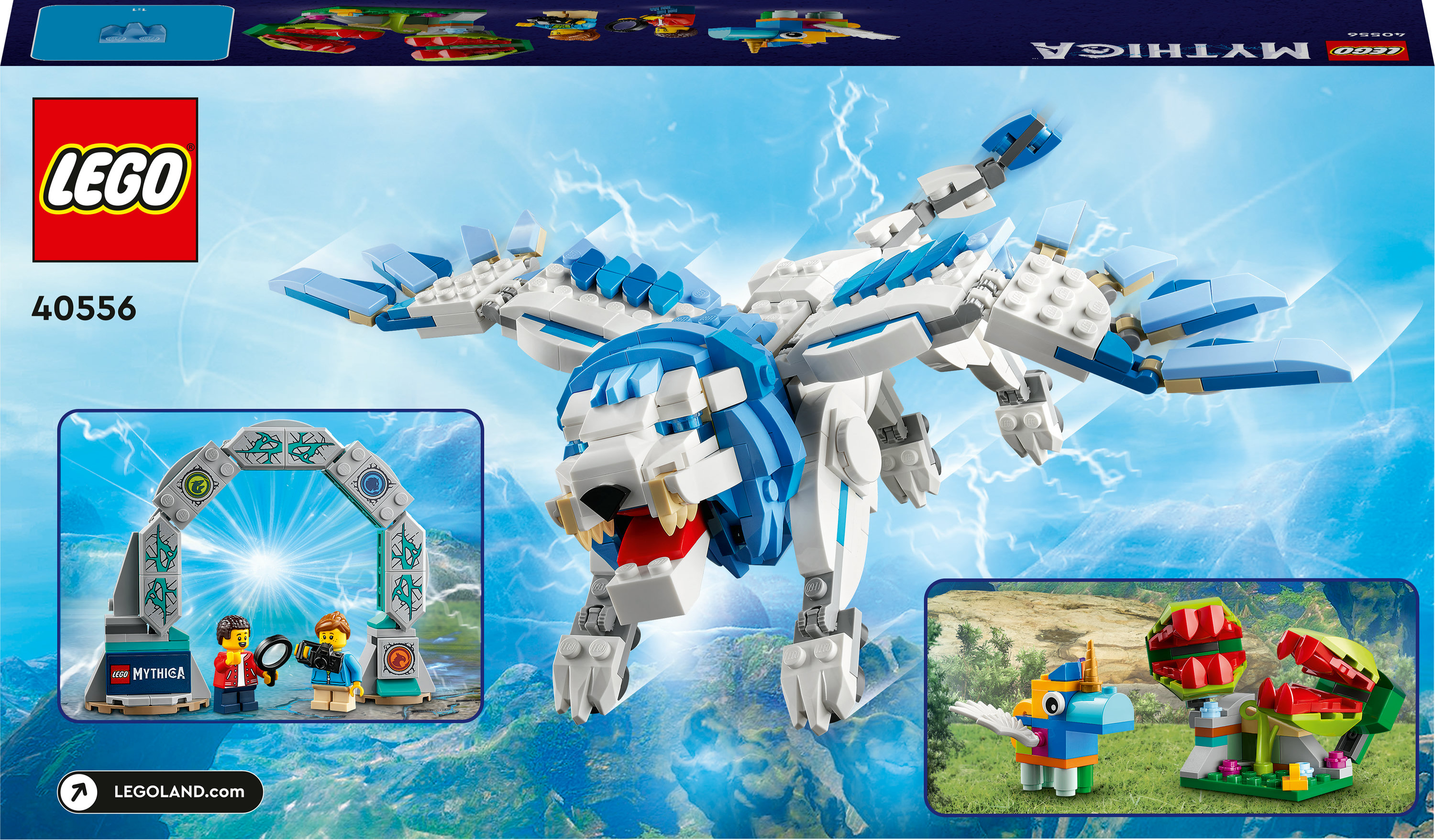 Büyük bir Lego yaratığı, iki Lego figürü, Lego logosu ve 40556 numarası ile bir Lego kutusunun arkası.