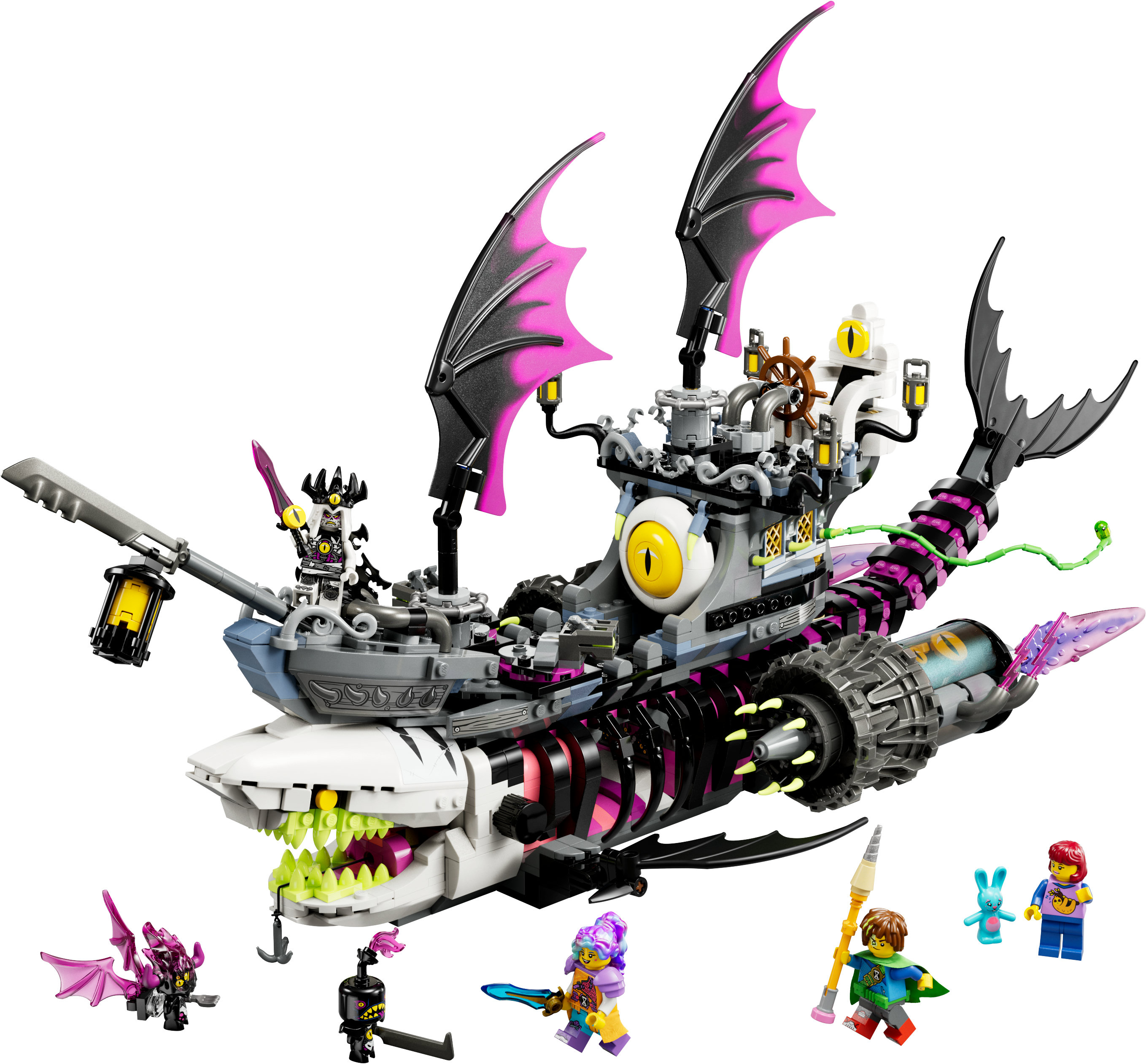 Lego Ninjago Set: Ein Piratenschiff mit drachenartigem Kopf und Minifiguren.