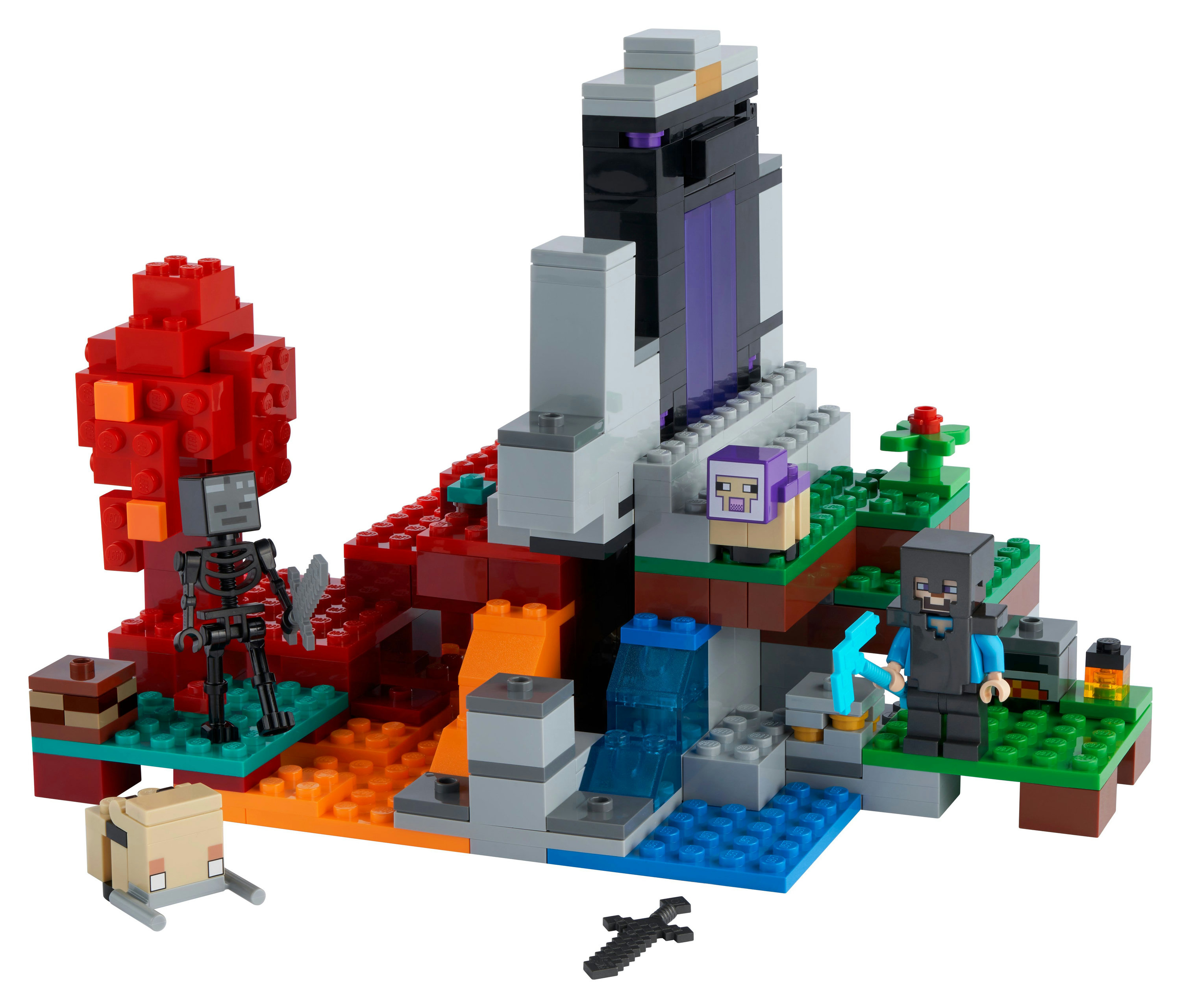LEGO Minecraft Set. Ein Portal mit Lava und einem Skelett. Eine Figur steht am Portal.