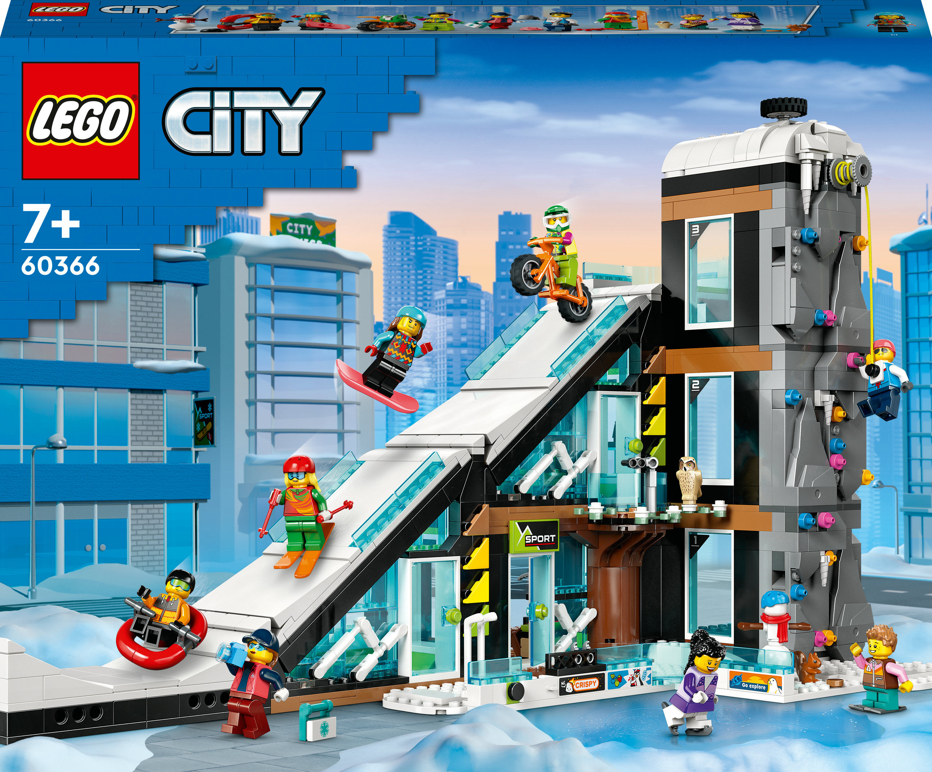Scatola del set Lego City con scene di sport invernali con sciatori, snowboarder e un trampolino.