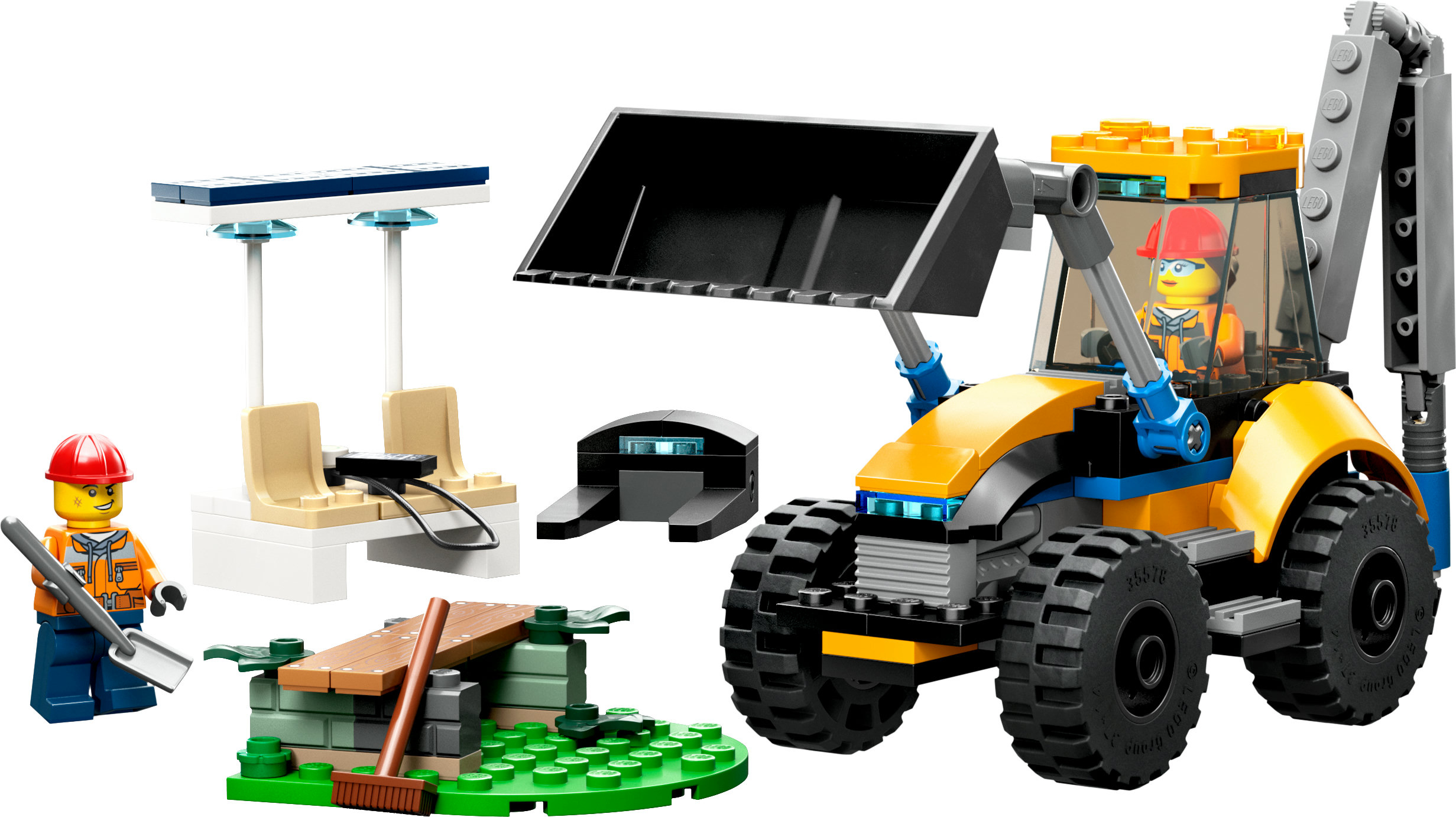 Lego-Konstruktionsset mit einem gelb-schwarzen Bagger, Figuren und anderen Strukturen.