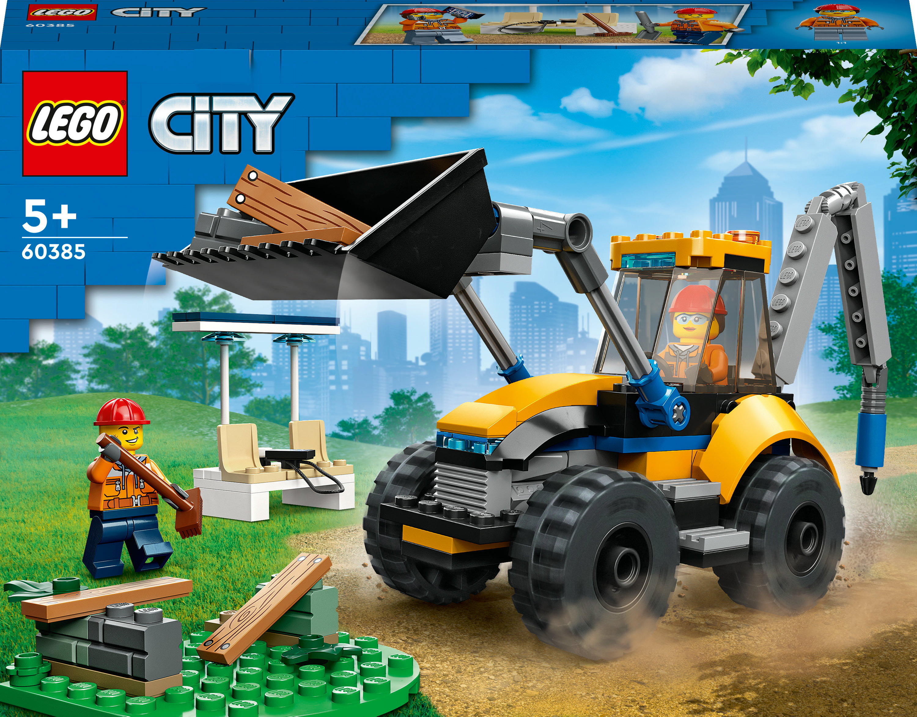 Lego City Baggerlader-Set. Ein Bauarbeiter und ein Frontlader bauen auf einer grünen Oberfläche.