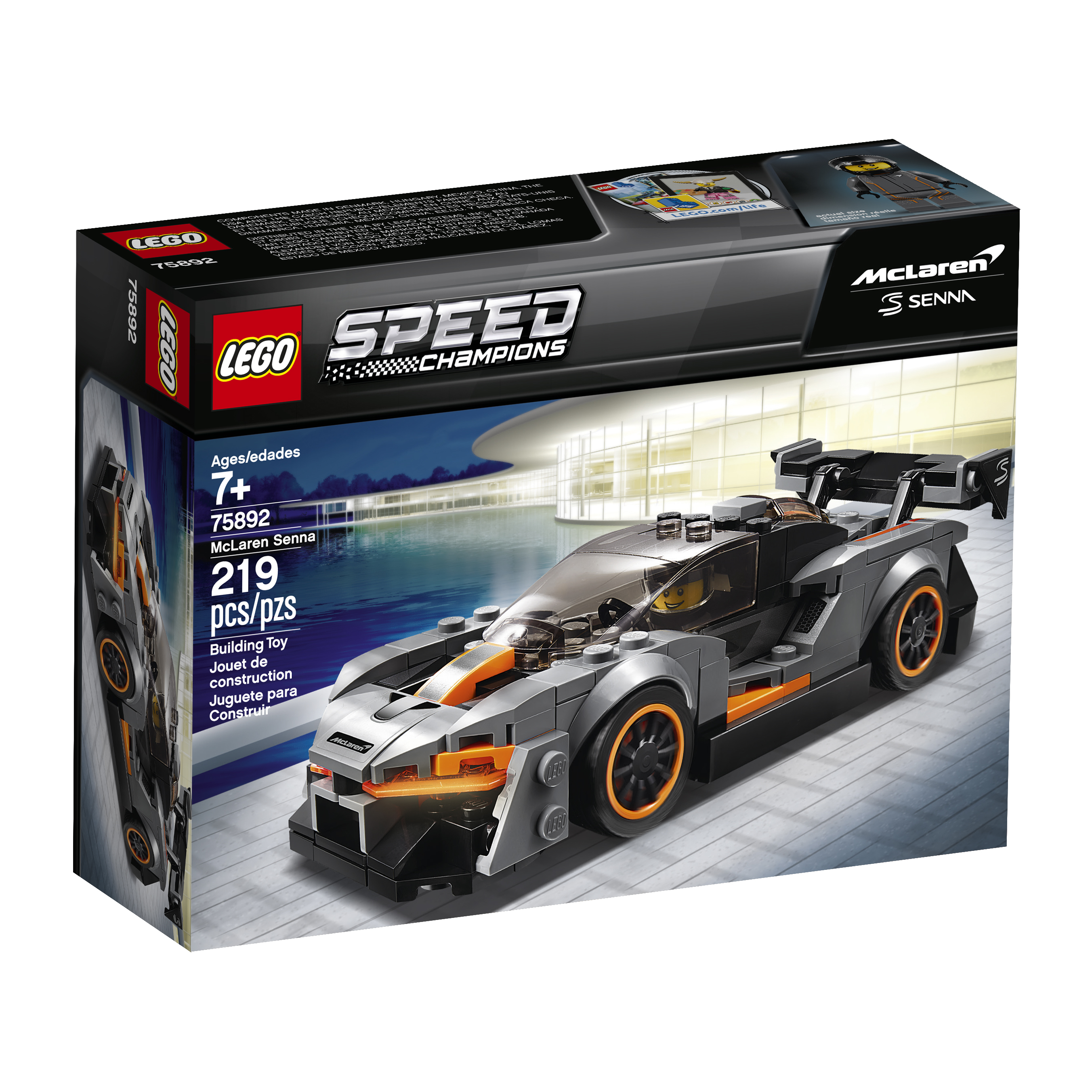 Set Lego Speed Champions McLaren Senna. Una macchina sportiva grigia e arancione è al centro.