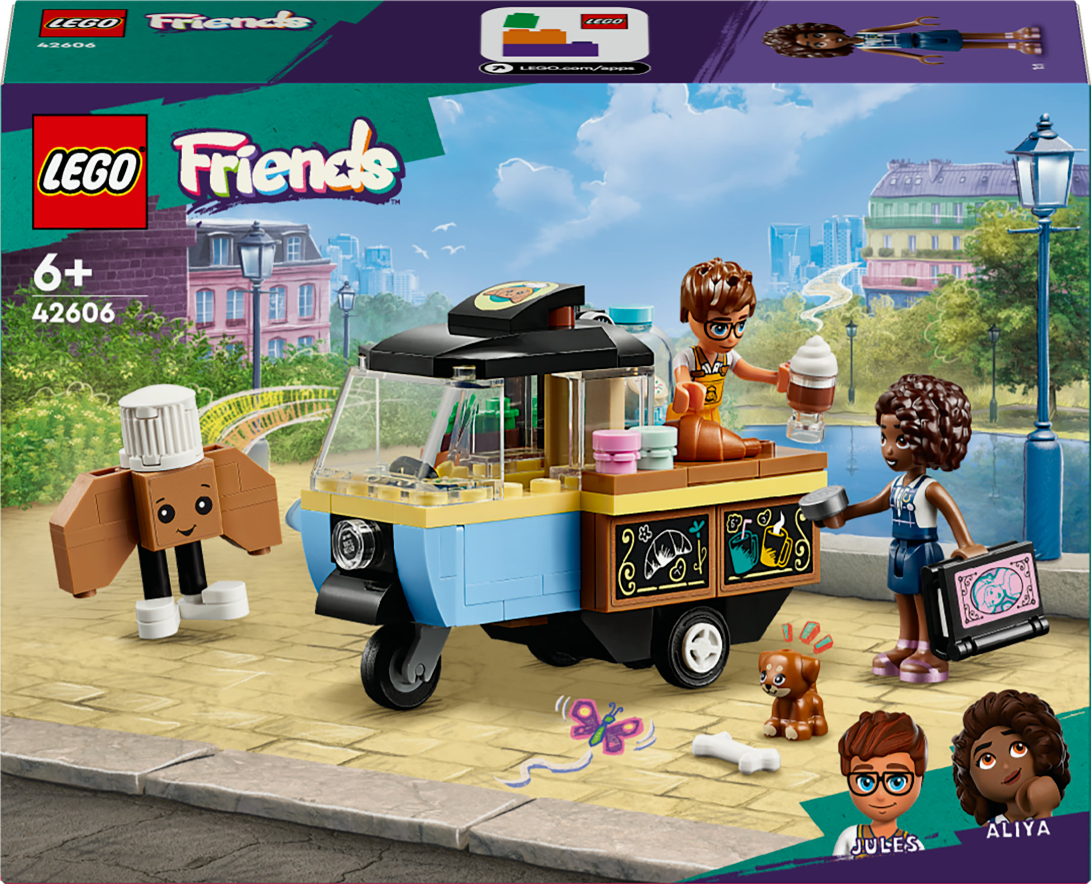 De Lego Friends set toont een ijscowagen met drie personages en accessoires tegen een stadsachtergrond.