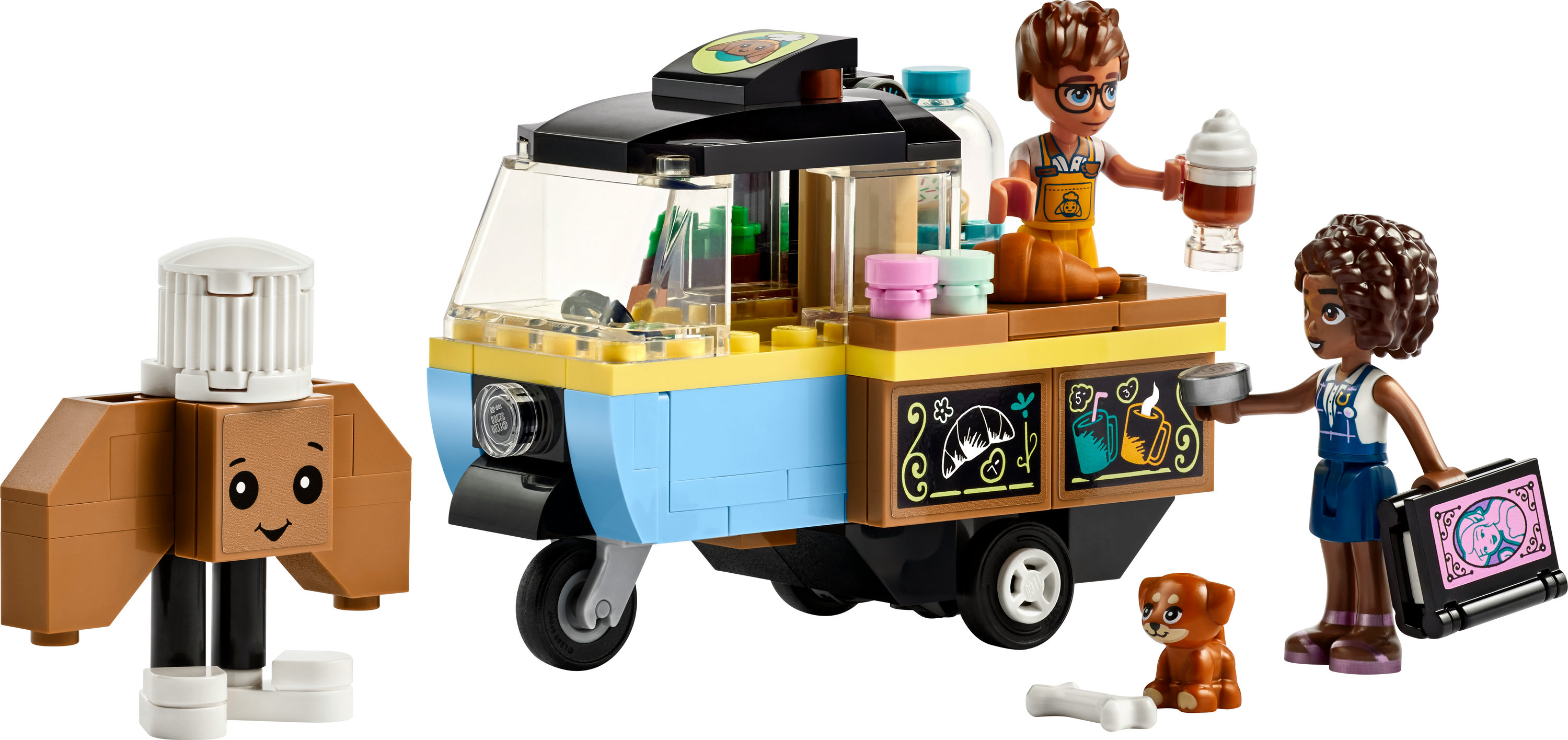 Een LEGO Friends set met een foodtruck en figuren. Bevat een hond, een eettentje en andere accessoires.