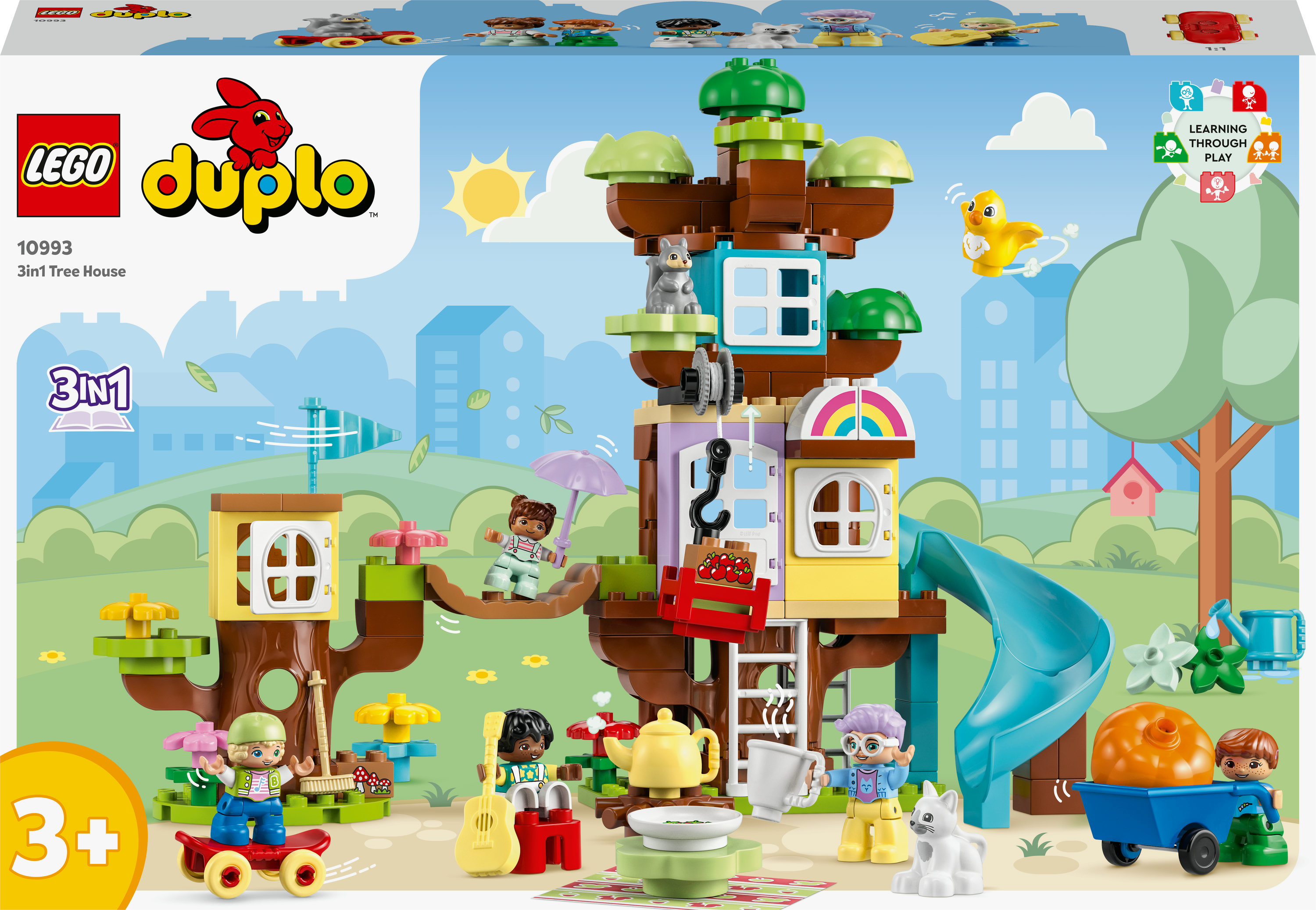 Lego Duplo 3-in-1 Baumhaus Box. Enthält ein Baumhausmodell mit Figuren und Rutsche.