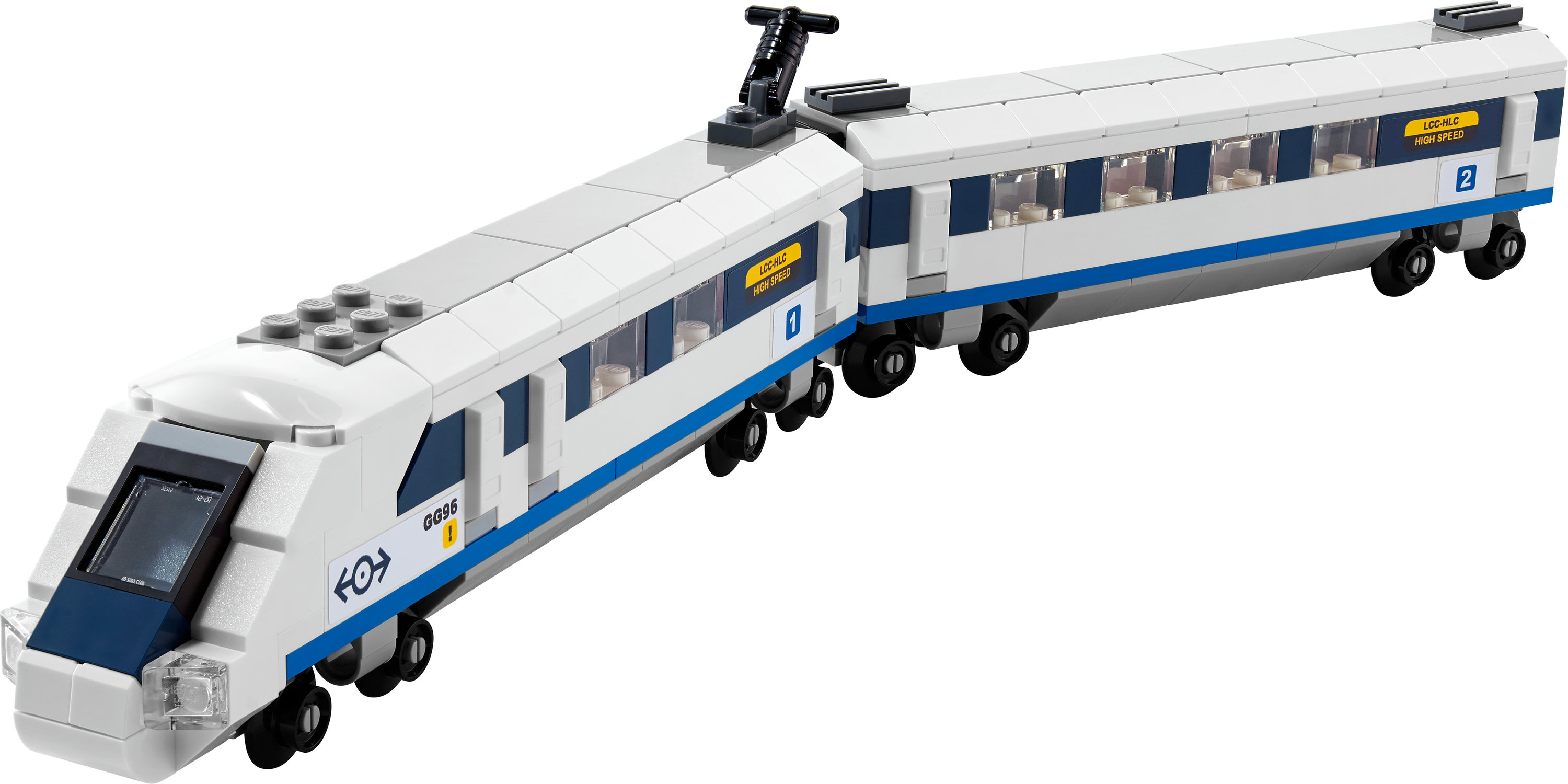 Lego treinset met twee witte wagons, blauwe strepen en nummers.