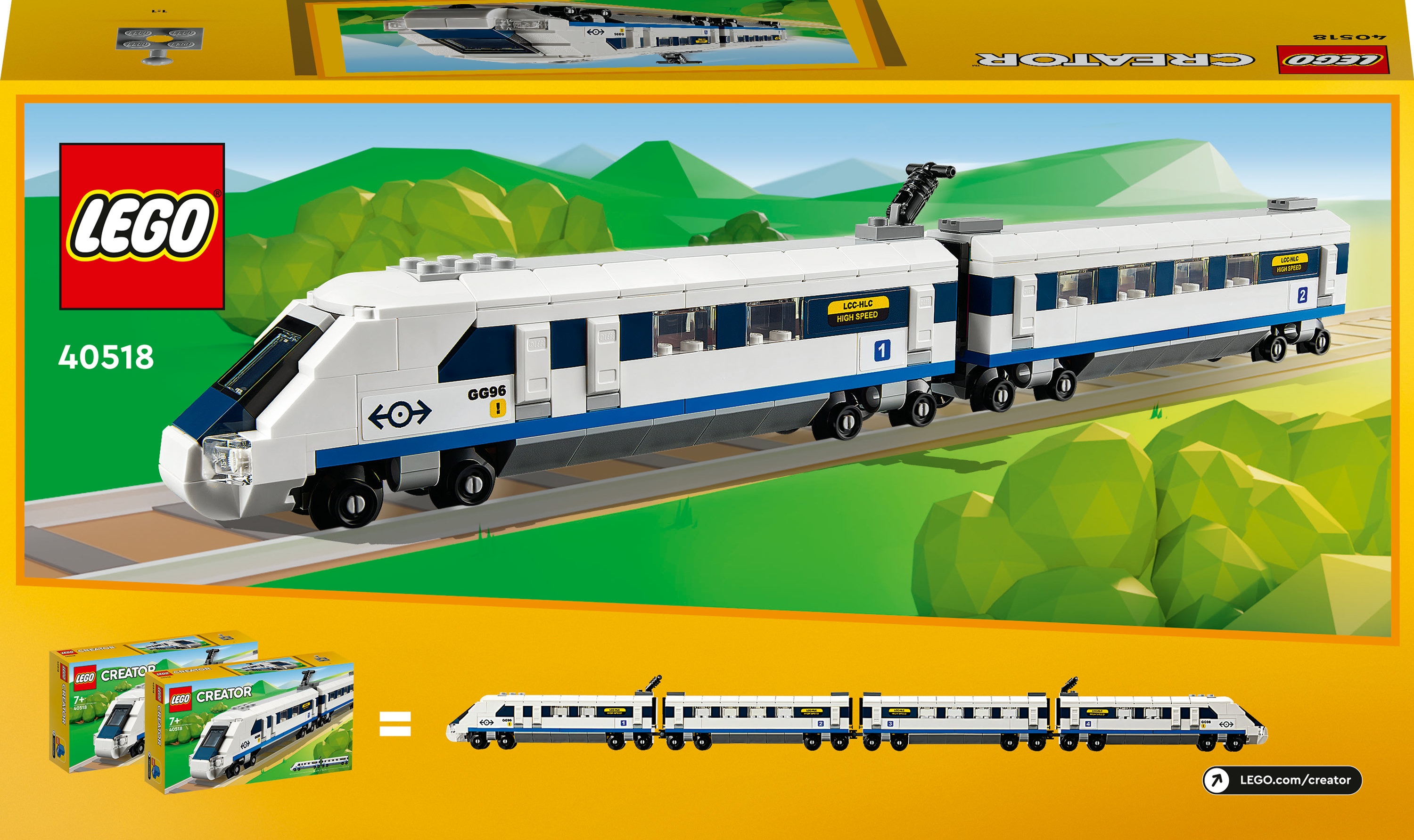 LEGO-treinset. Wit-blauwe trein op rails met groene heuvels. Doos toont de set.