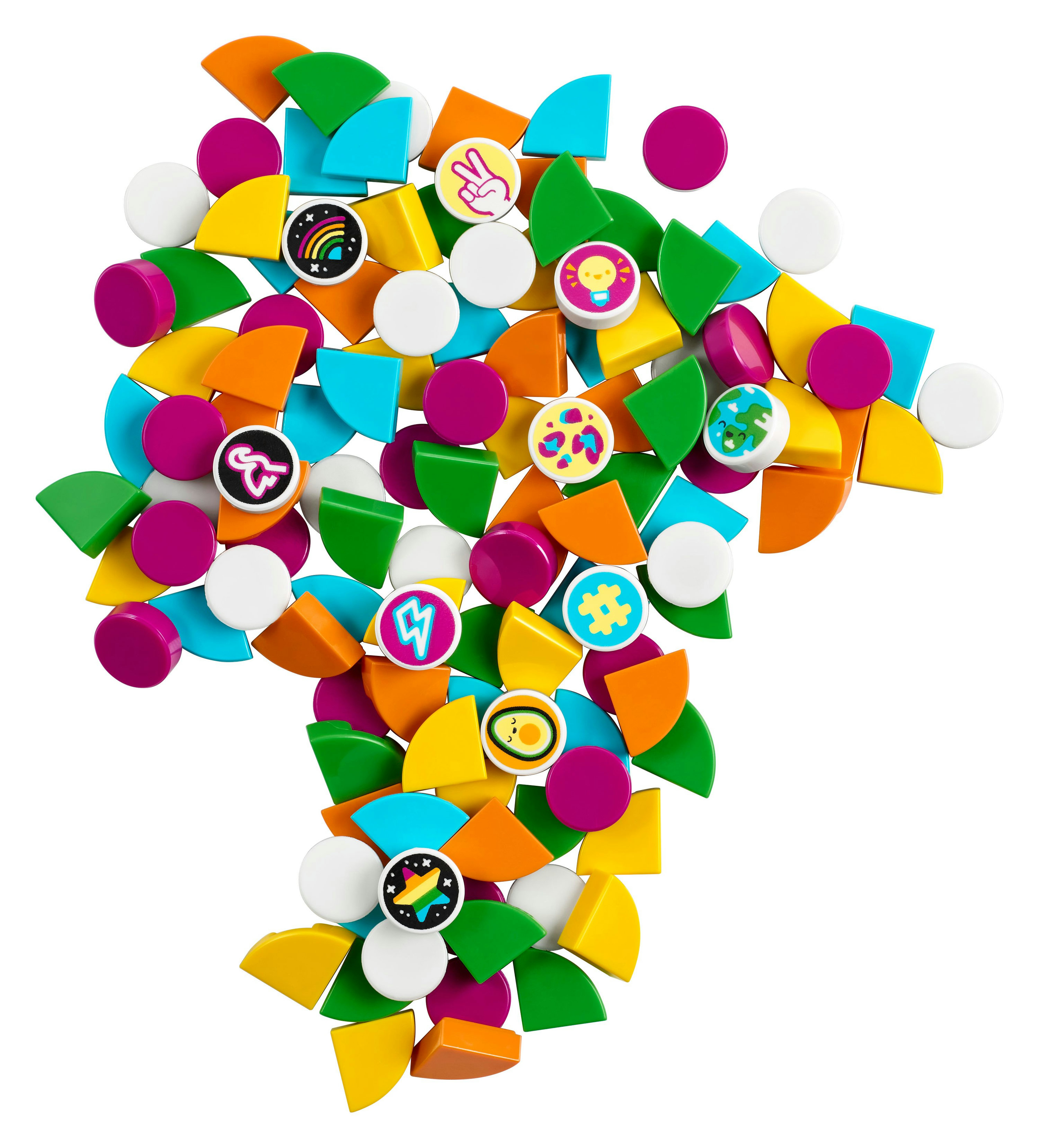 Stos kolorowych klocków LEGO o różnych kształtach i ikonach. Zawiera koła, trójkąty i inne kształty.