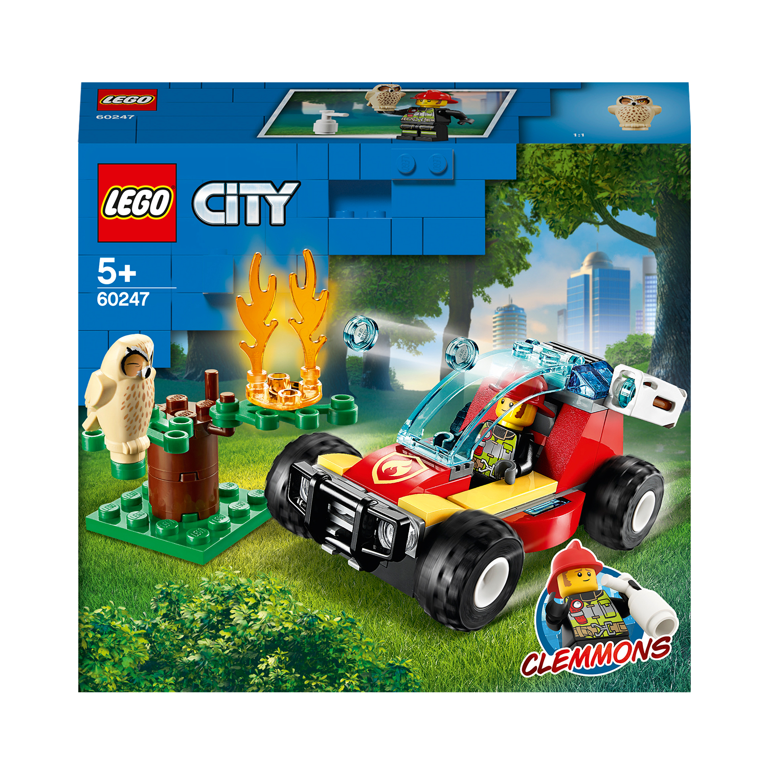 Lego City Set: Roter Feuerwehrwagen, Eule und Feuerszene.