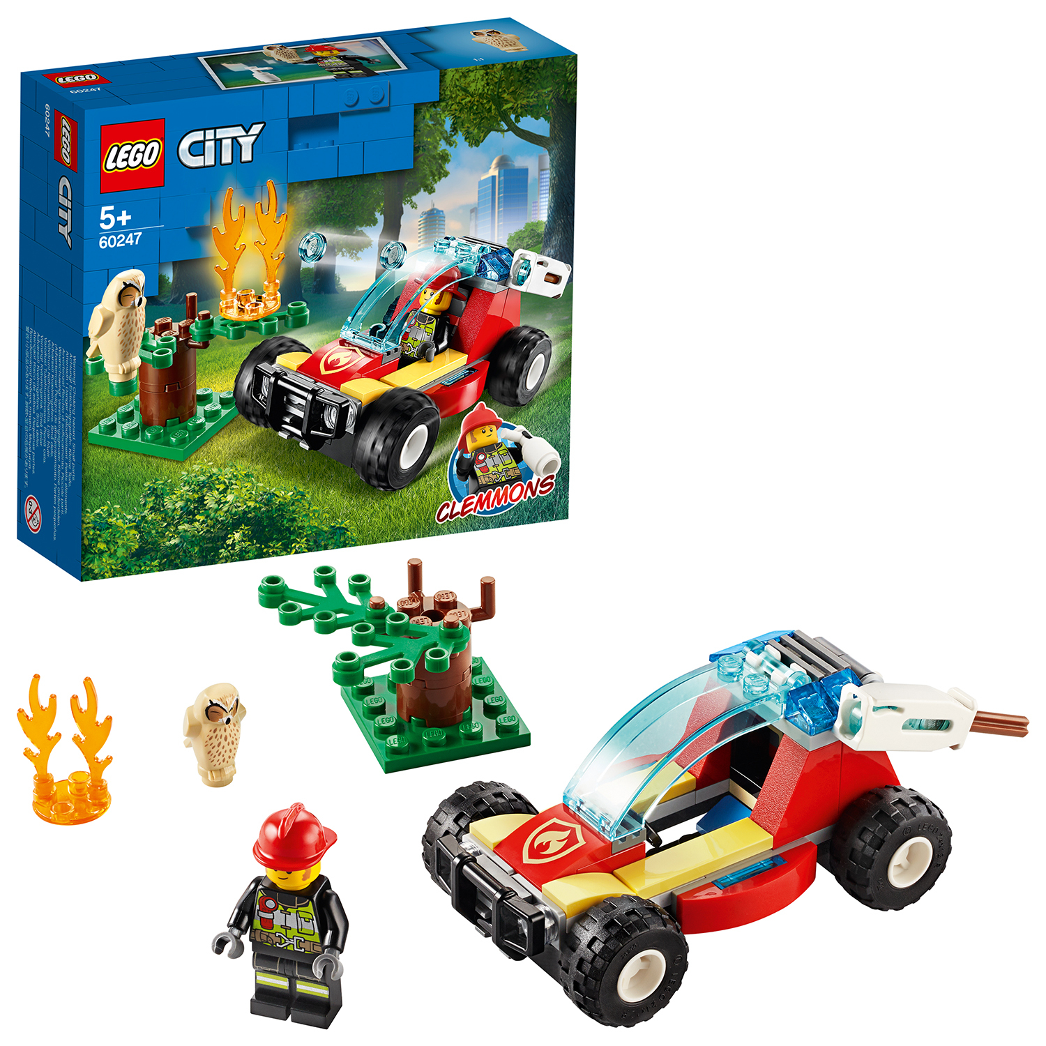 Lego City Set mit einem rot-gelben Feuerwehrfahrzeug, einem Feuerwehrmann und kleinen Feuerelementen.