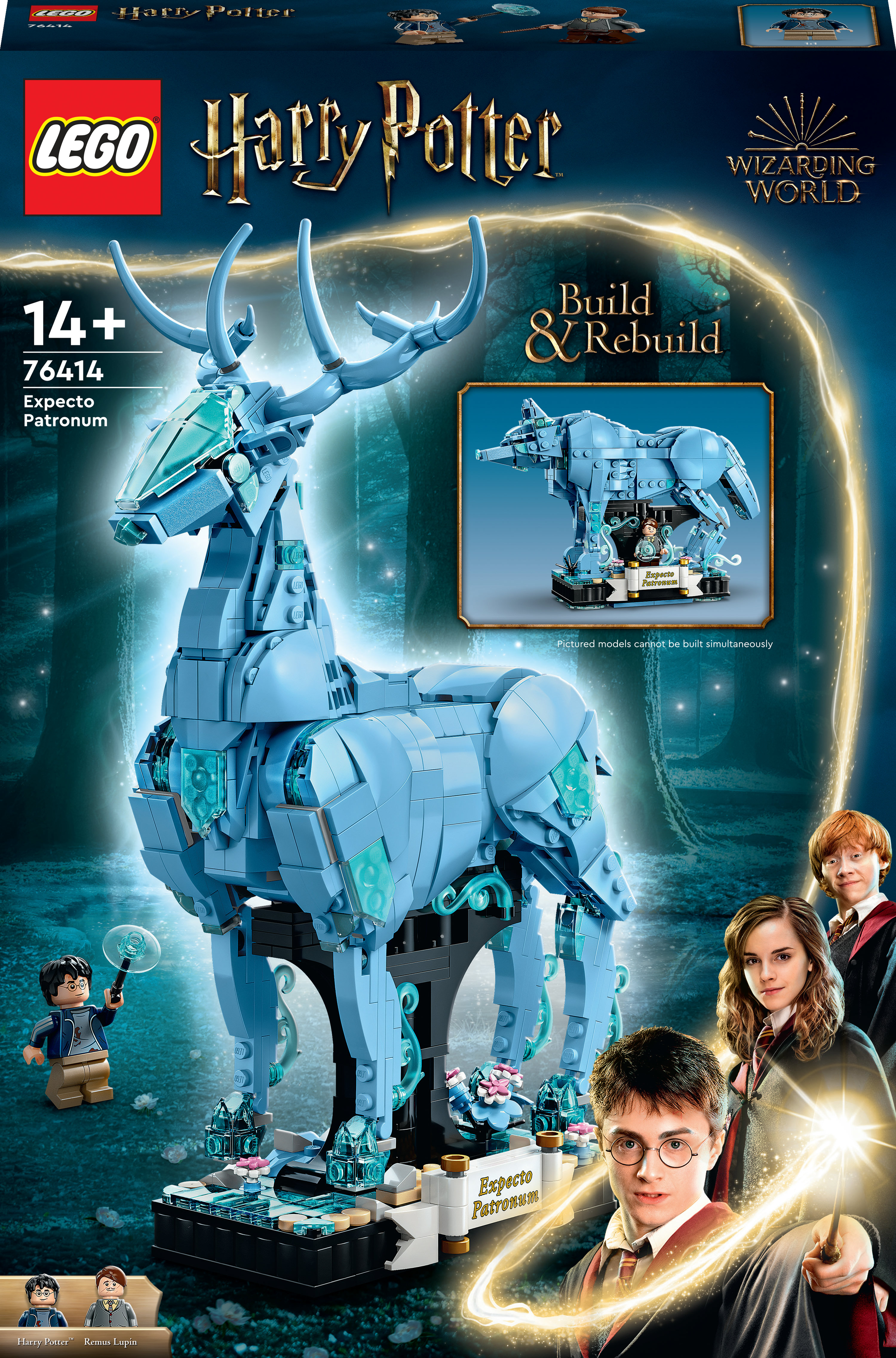 Eine Lego Harry Potter Set-Box. Sie zeigt einen blauen Patronus-Hirsch und Harry, Hermine und Ron.