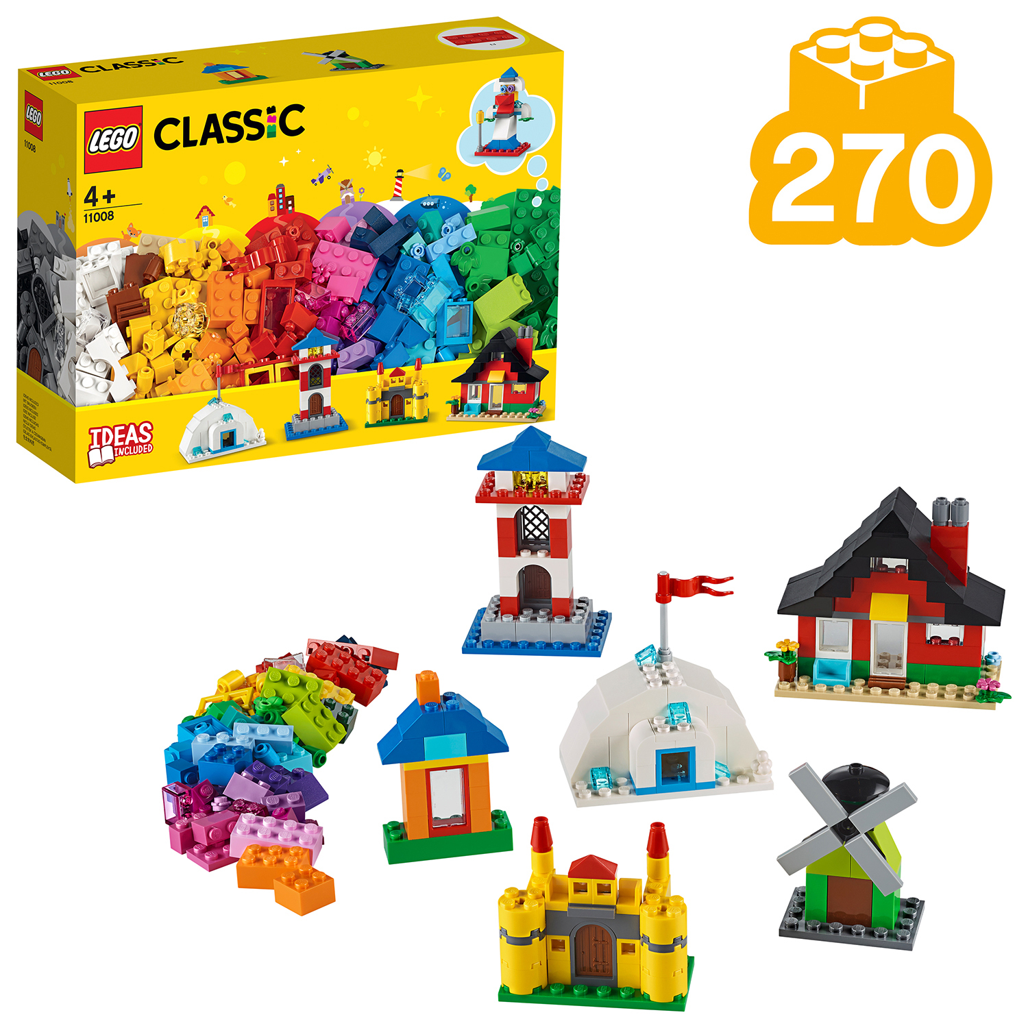 Lego Classic Set Box mit verschiedenen kleinen Lego-Bauten, einem Leuchtturm und einer Windmühle. Eine Box mit Steinen ist sichtbar.