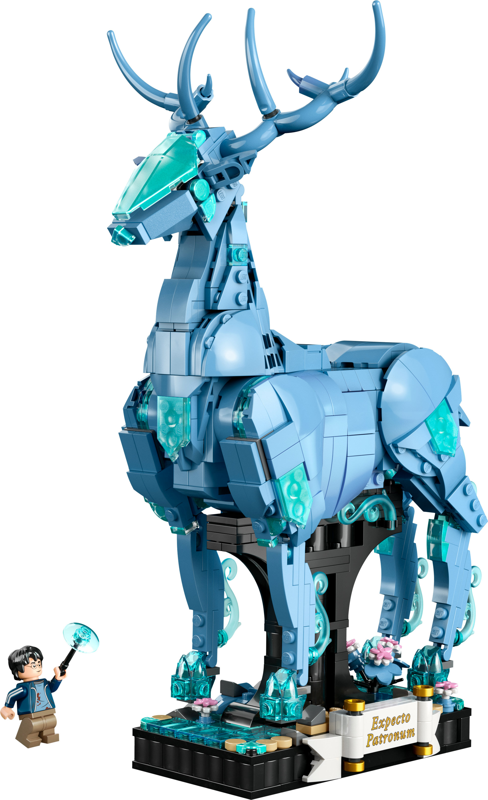 Ein großes LEGO Harry Potter Patronus Set mit einem Hirsch und einer Harry Potter Figur.