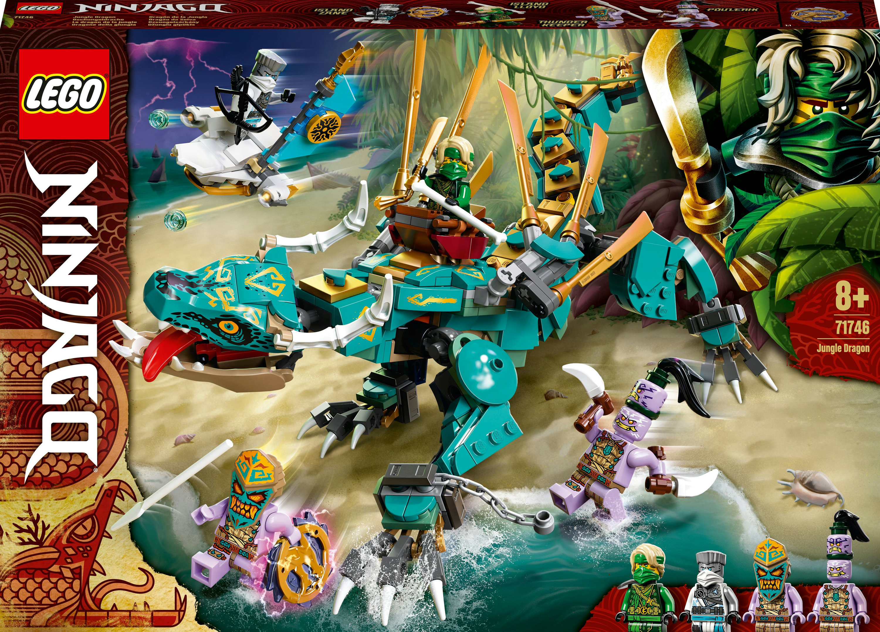 Lego Ninjago kutusu. Bir ejderha, minyatürler ve bir orman arka planı içerir. 8+ yaş aralığı.