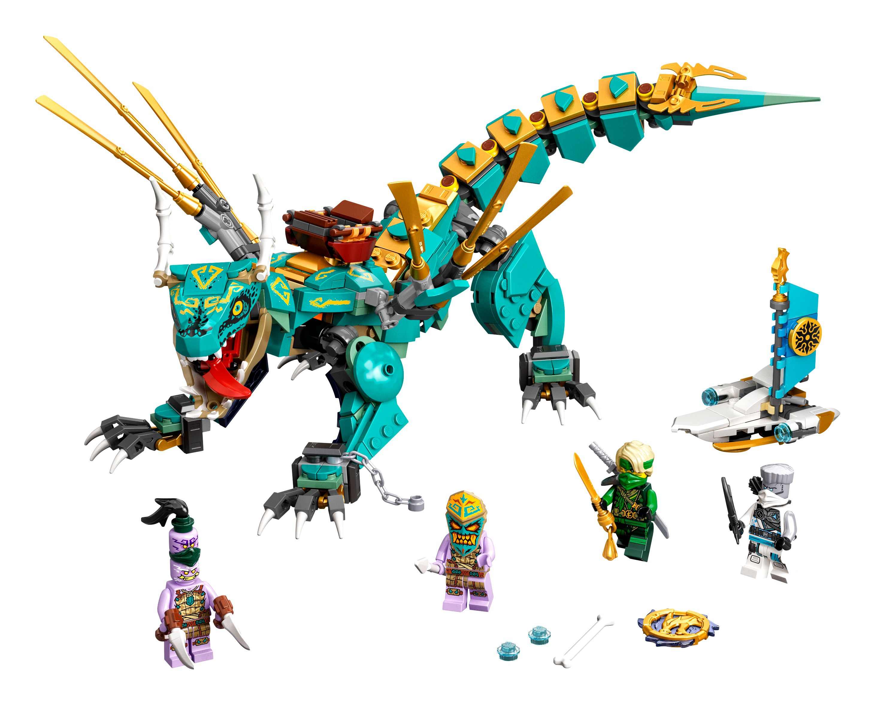 Turkuaz bir ejderha ve ninja figürleri içeren bir Lego Ninjago seti.