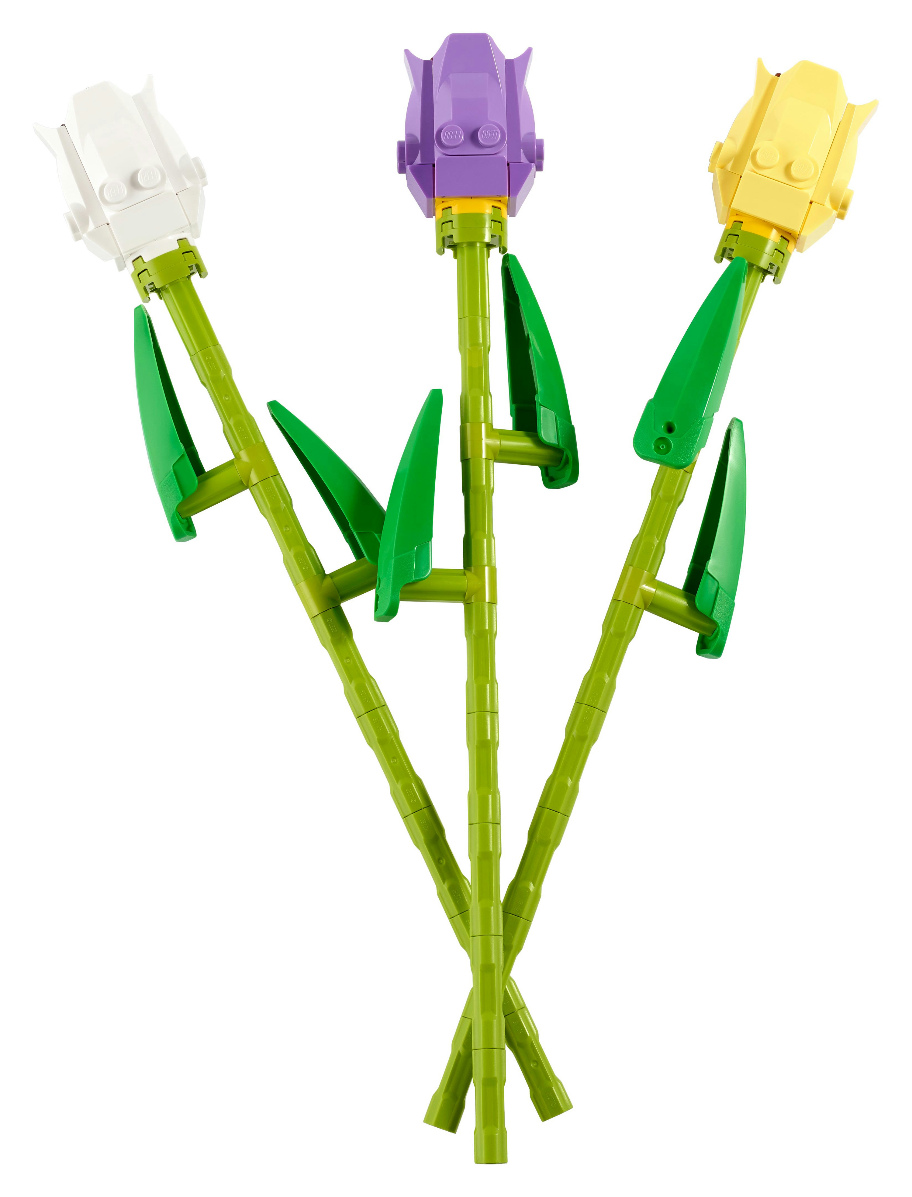 Fiori Lego, tre steli con capolini di fiori di colori diversi: bianco, viola e giallo.