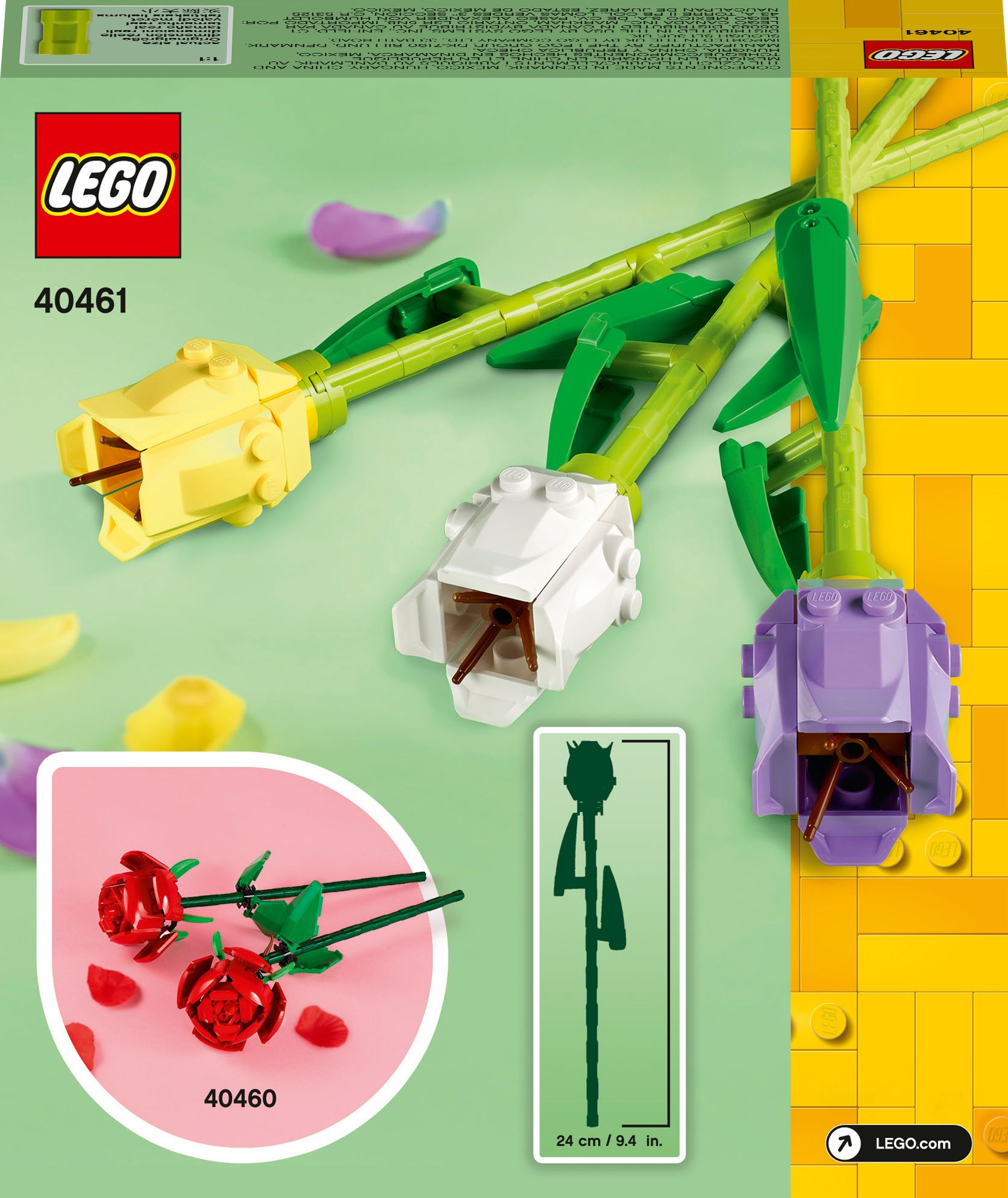 Set LEGO con fiori gialli, bianchi e viola. Steli verdi, foglie e logo LEGO visibili.