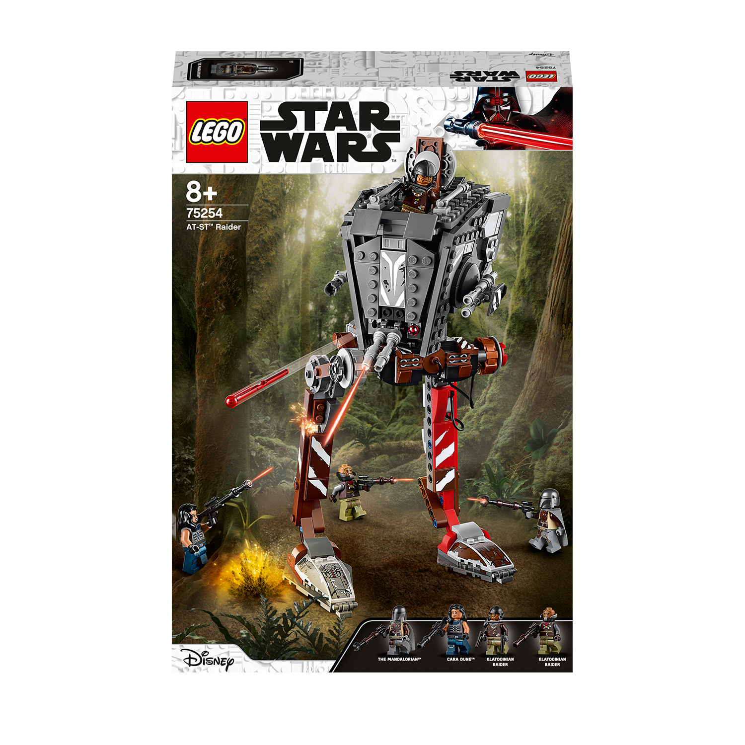 Zestaw Lego Star Wars AT-ST Raider, z minifigurkami i leśnym tłem.