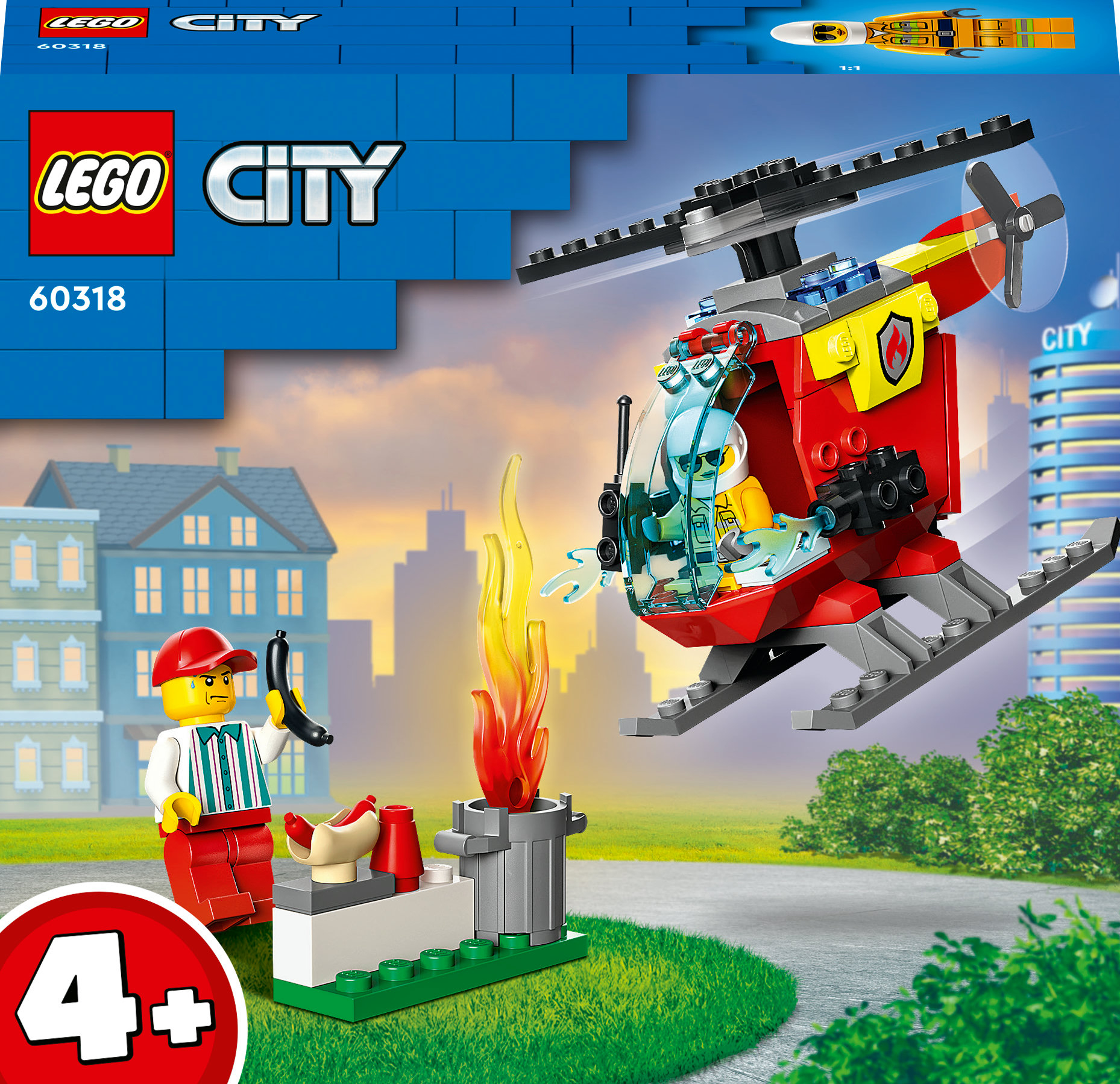 Lego City Set mit einem Hubschrauber, einem Feuer und einem Koch mit einem Hotdog.