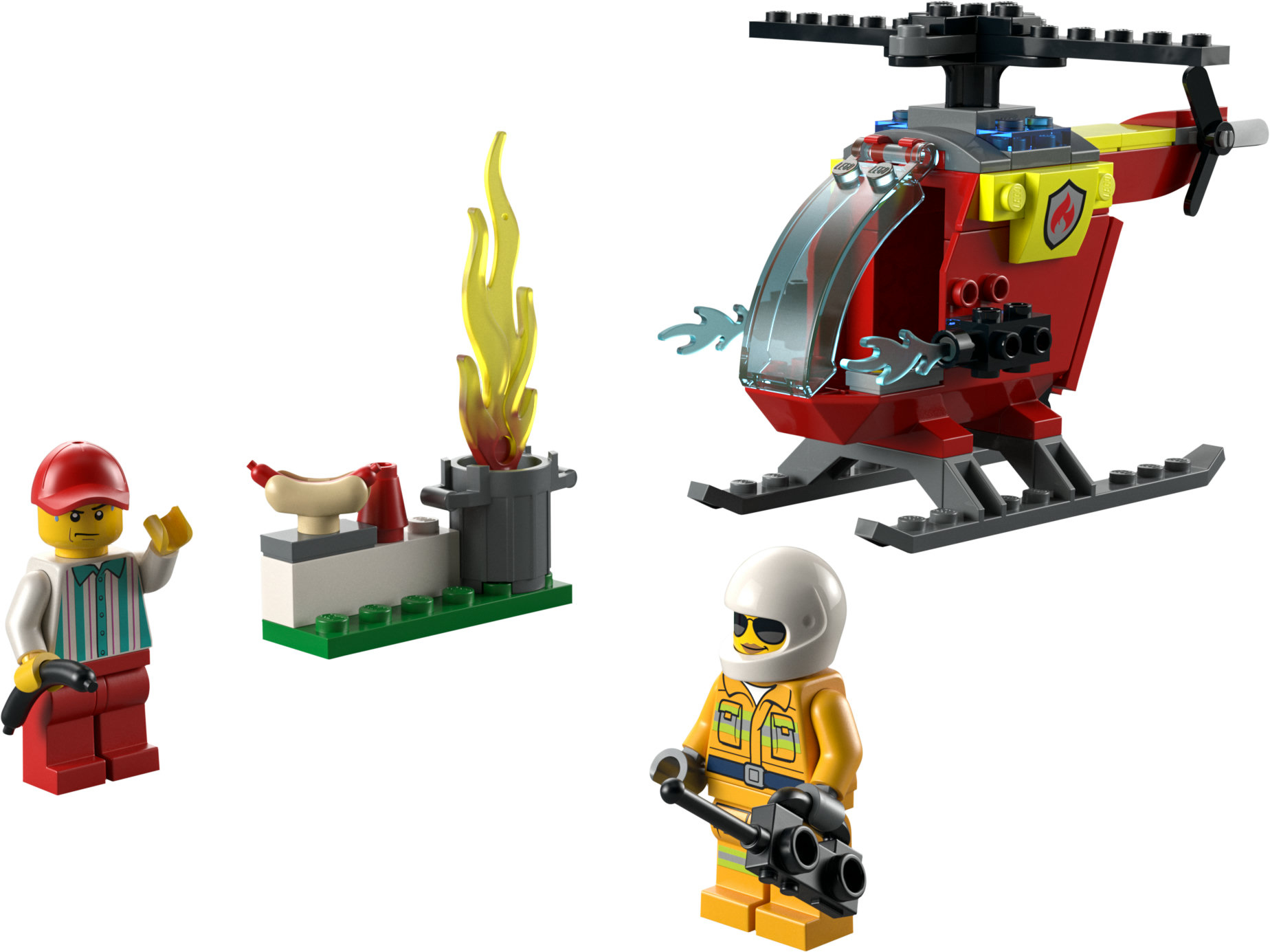 Lego City Set mit einem Hubschrauber, einem Feuer und zwei Minifiguren. Die Szene befindet sich auf einer weißen Oberfläche.
