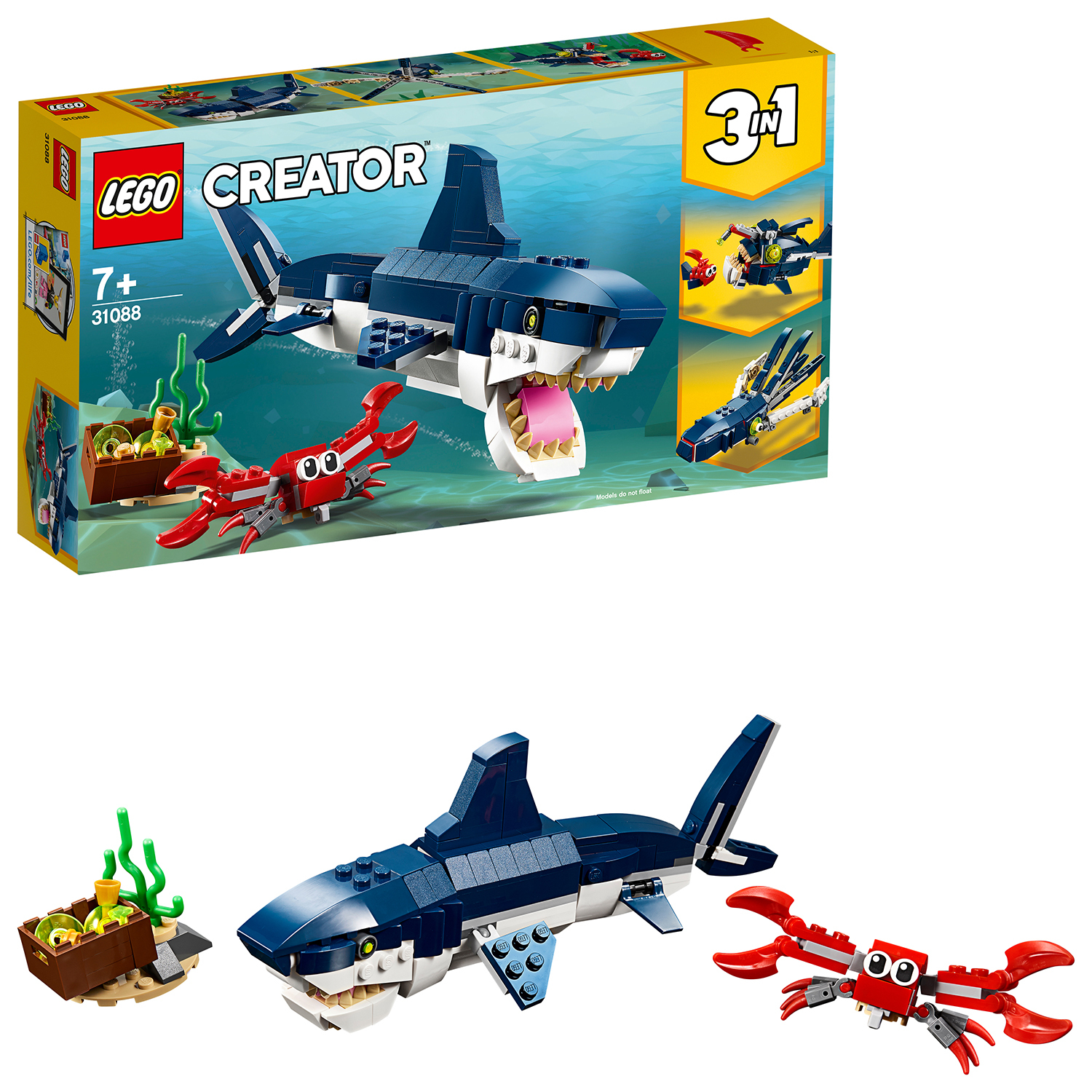 Zestaw Lego Creator rekin przedstawia rekina, kraba i skrzynię skarbów. Na pudełku widać inne konstrukcje.