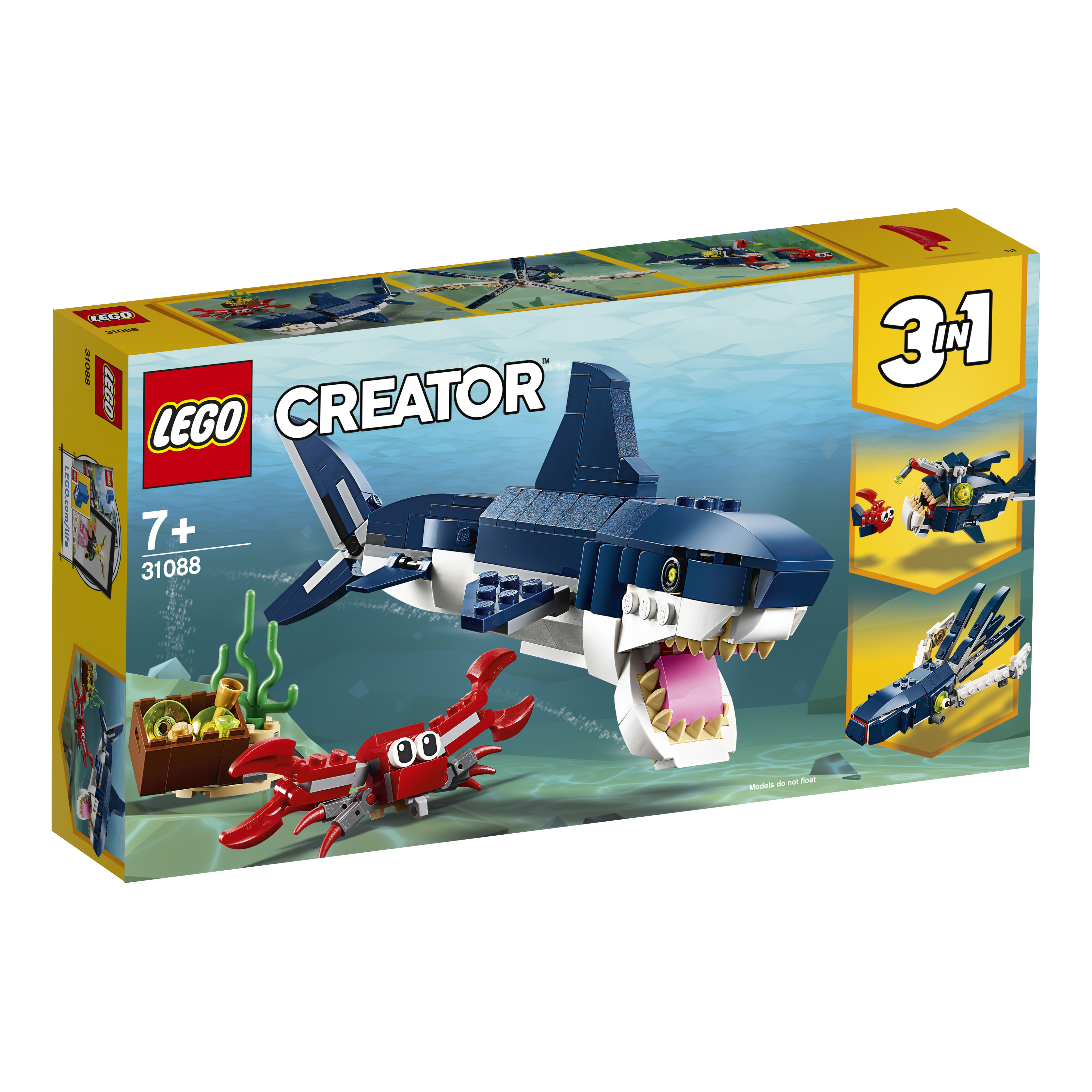 Pudełko zestawu LEGO Creator z rekinem. Model rekina z krabem i innymi konstrukcjami.