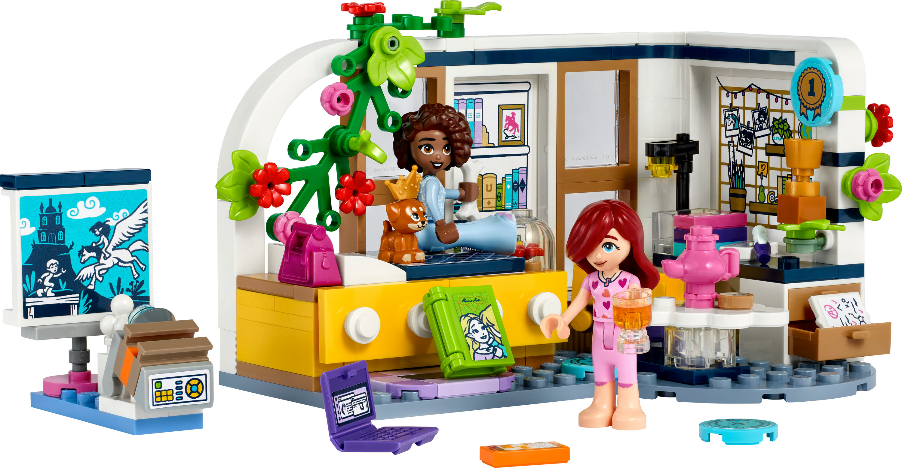 Lego Friends seti: iki figür, mobilya, kitap ve dizüstü bilgisayar bulunan bir oda. Bir Pegasus resmi sergileniyor.