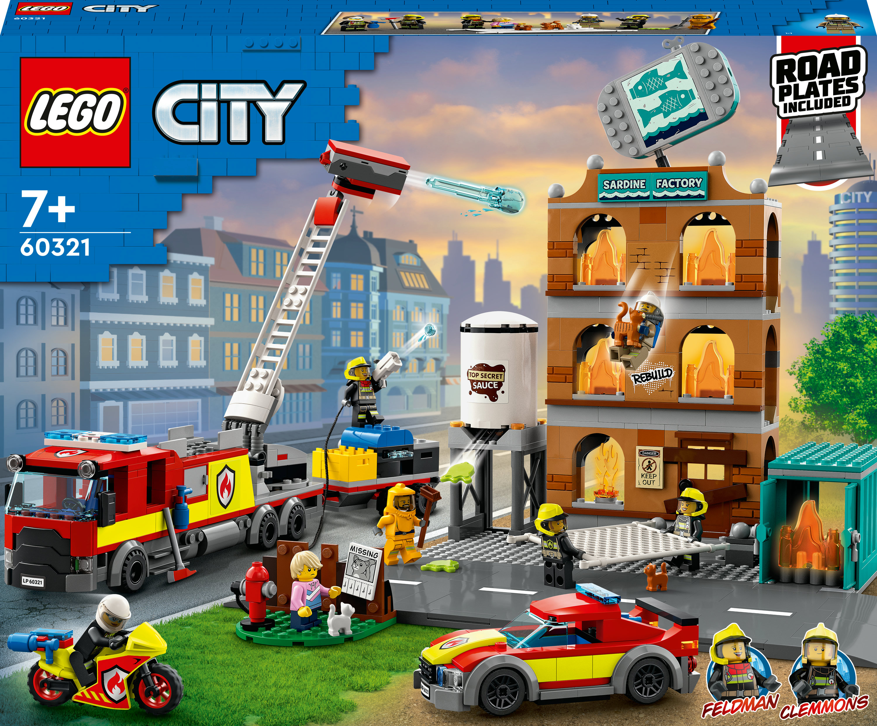 Set Lego City représentant une caserne de pompiers avec véhicules.