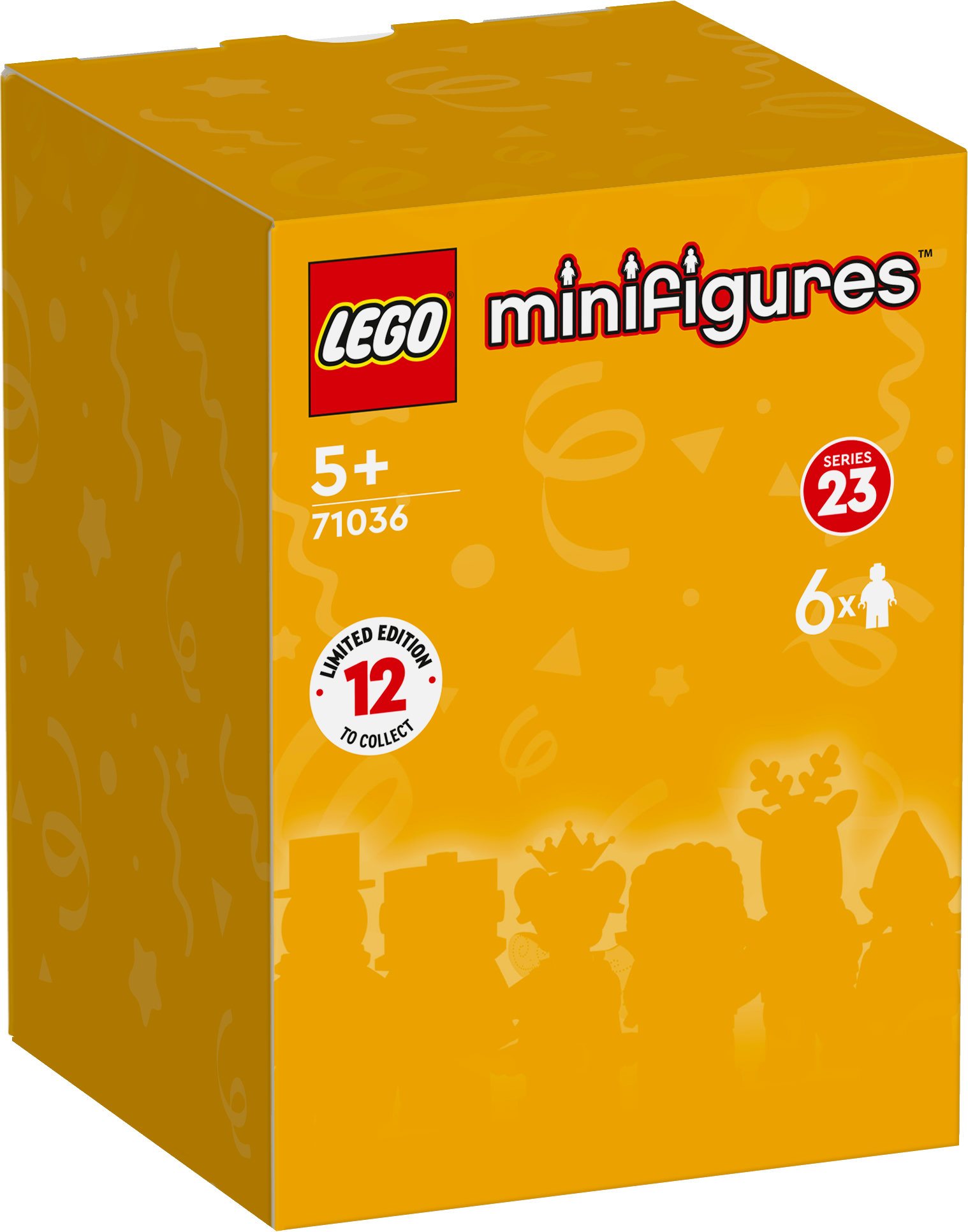 LEGO Minifiguren-Box, Serie 23, mit gelbem Hintergrund und Silhouetten der Figuren.