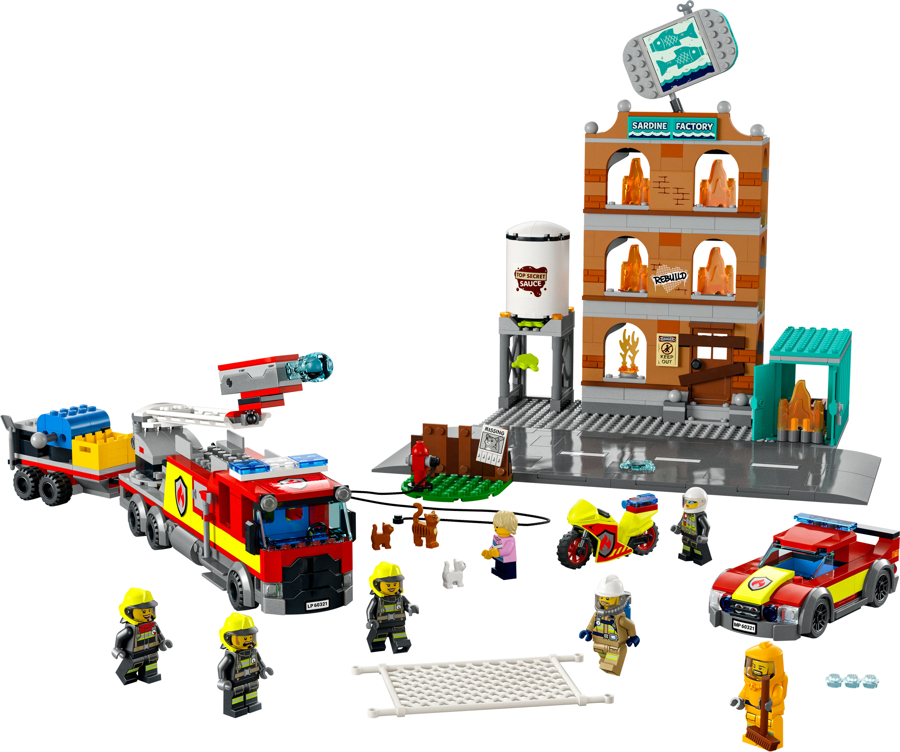 Un ensemble de caserne de pompiers Lego avec diverses figurines et véhicules.