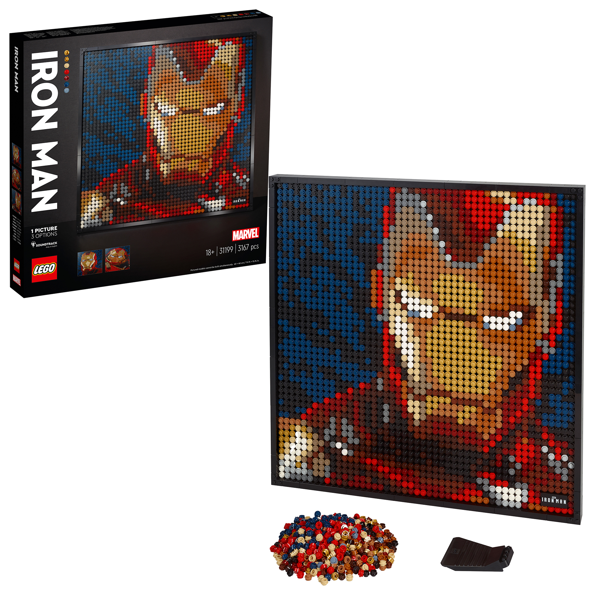 Lego Iron Man art with a box and assembled art piece, with scattered pieces.