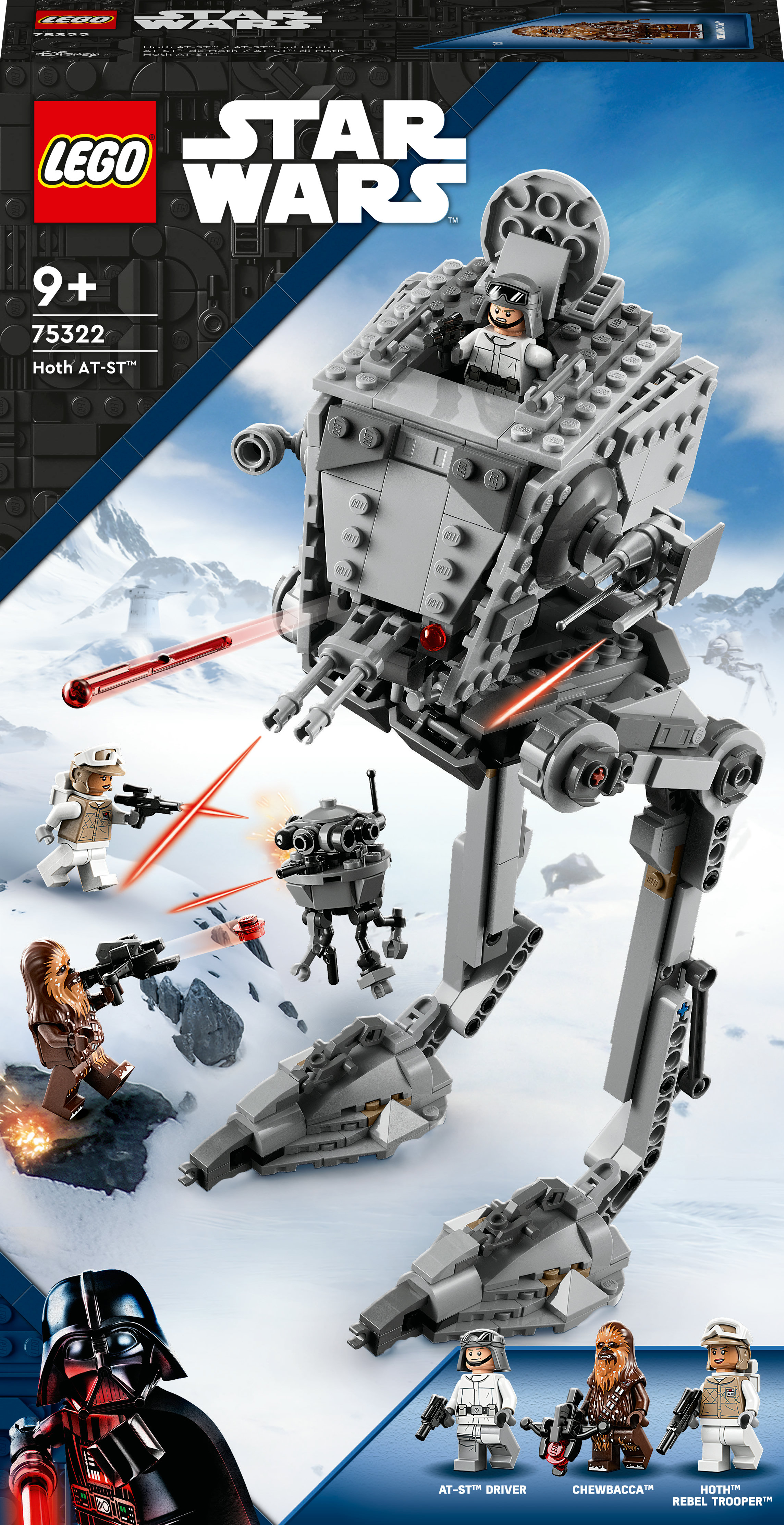 Lego Star Wars Set mit einem Hoth AT-ST Walker, Figuren und einem verschneiten Hintergrund.