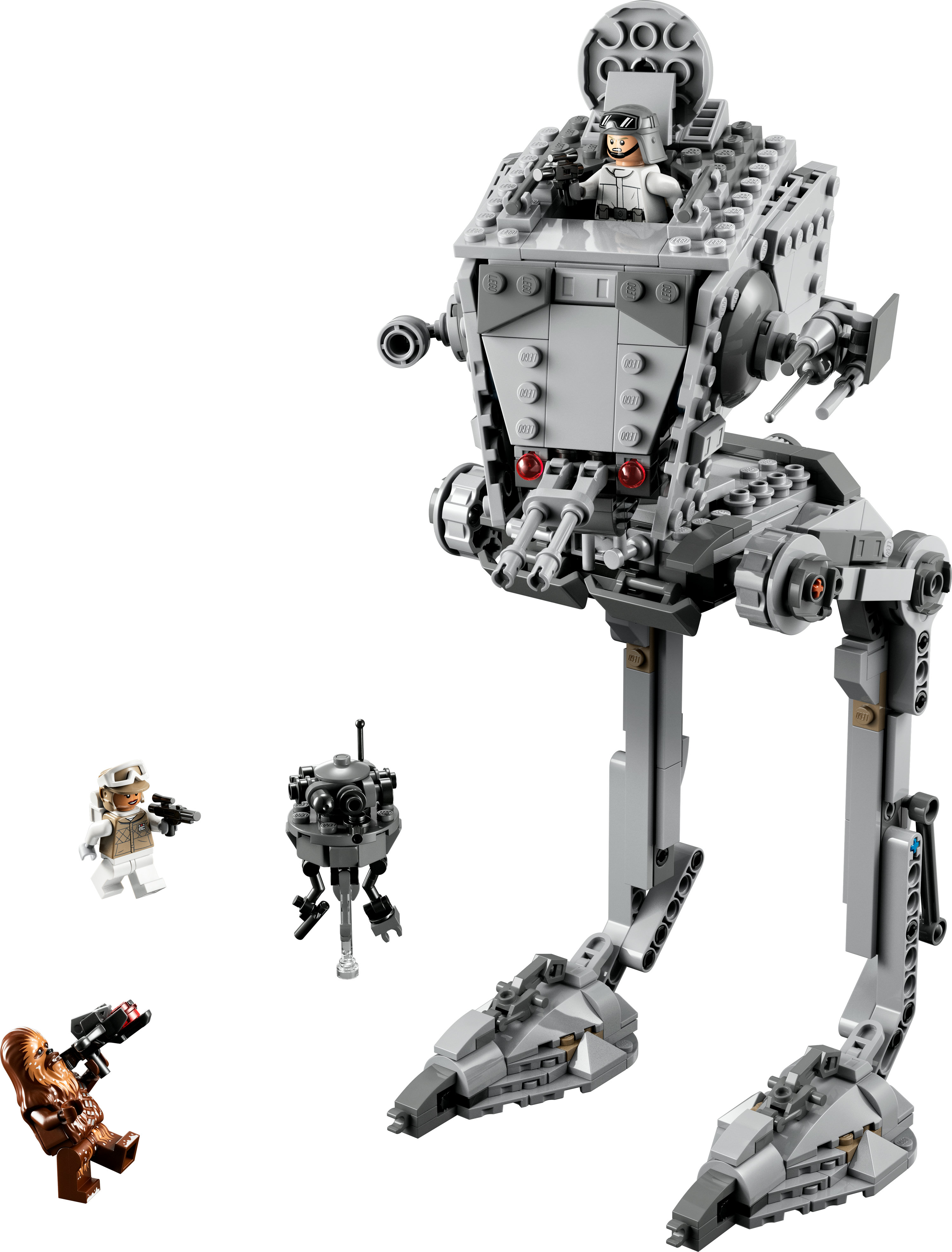 Lego Star Wars AT-ST Walker Set. Lego Figuren, grauer Walker, weißer Hintergrund.