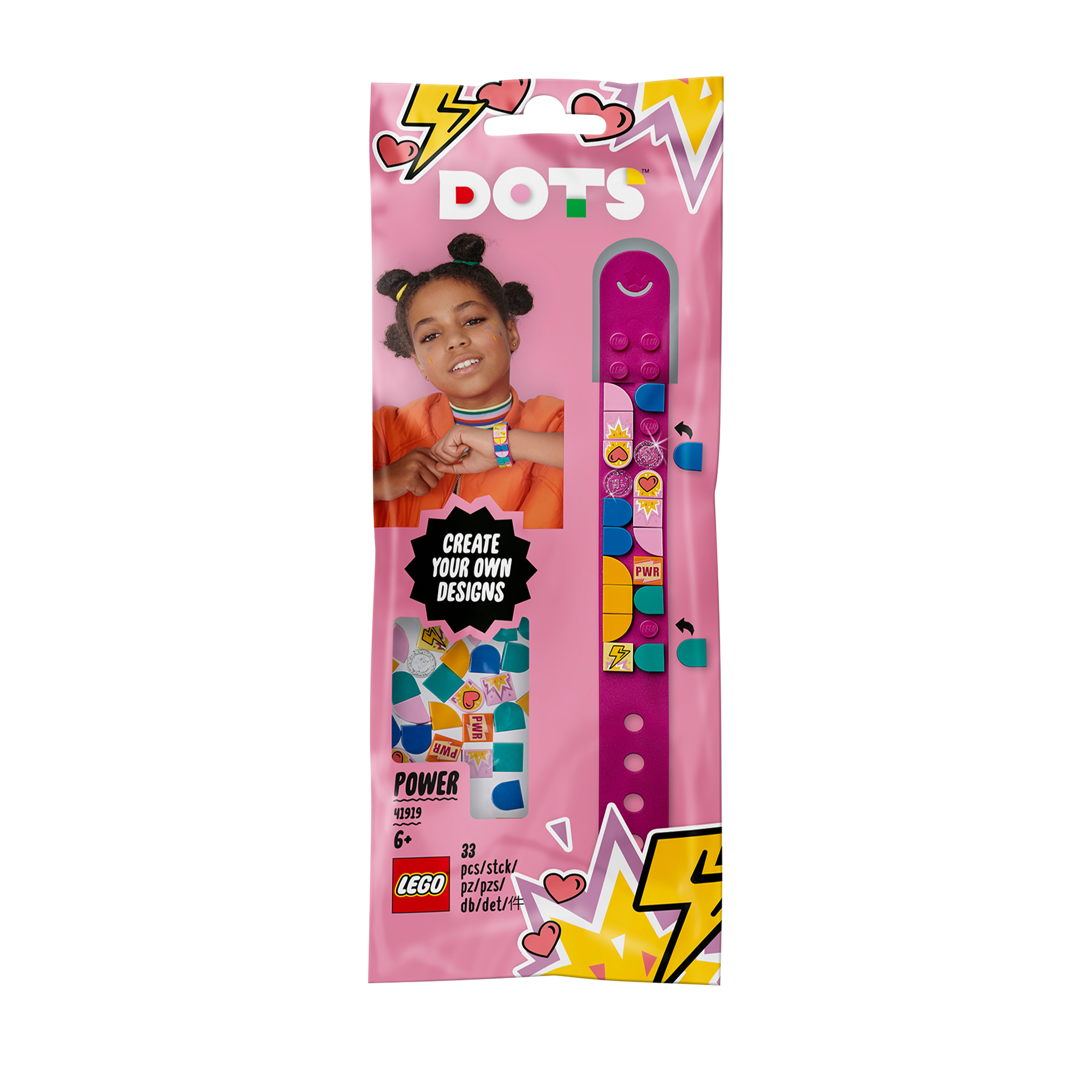 Ein LEGO Dots Armband-Set. Es enthält ein Armband, bunte Kacheln und ein Mädchen, das das Armband trägt.